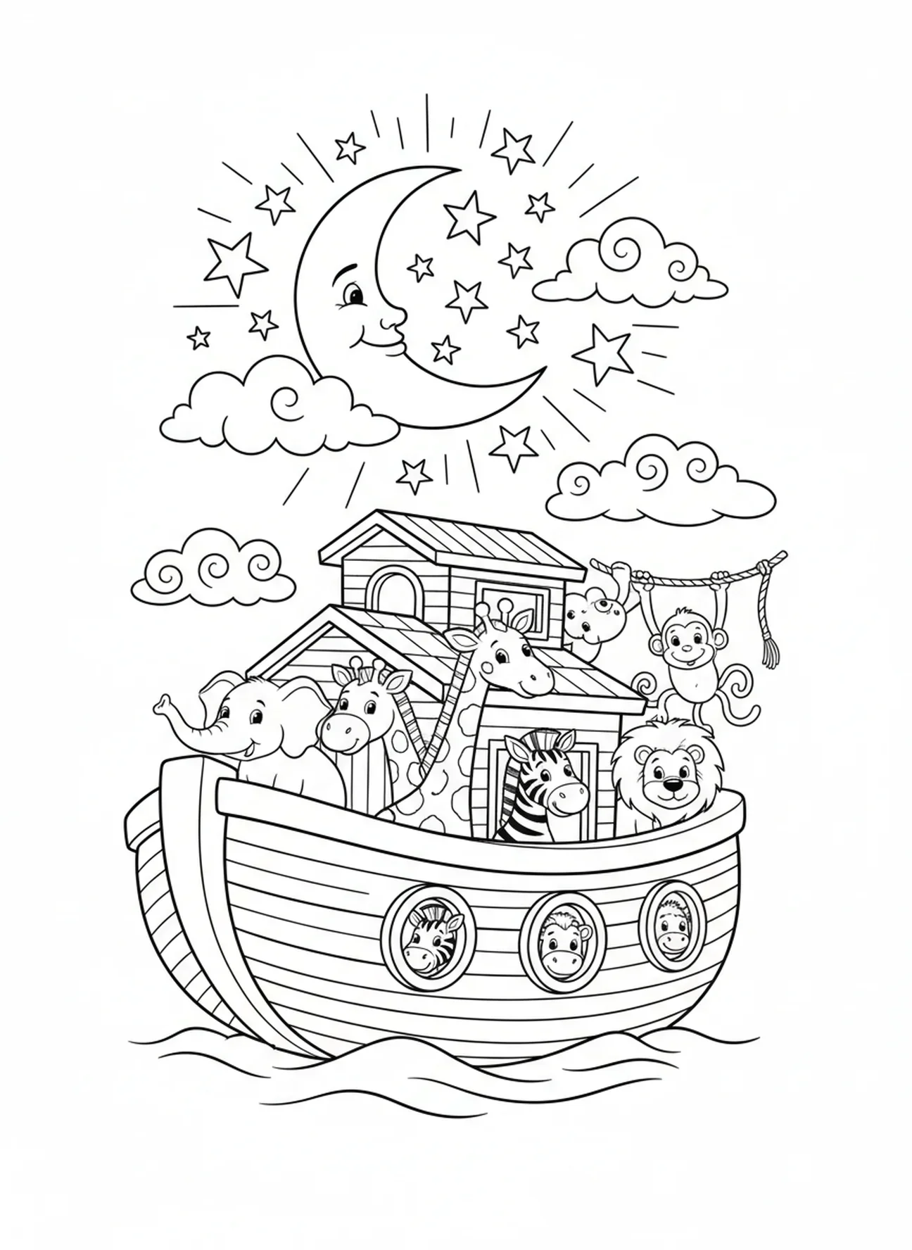 Des étoiles scintillantes au-dessus de l'arche en bois, page à colorier du Jour de la Création 4 : Soleil, Lune, Étoiles pour les enfants de 5 à 10 ans.
