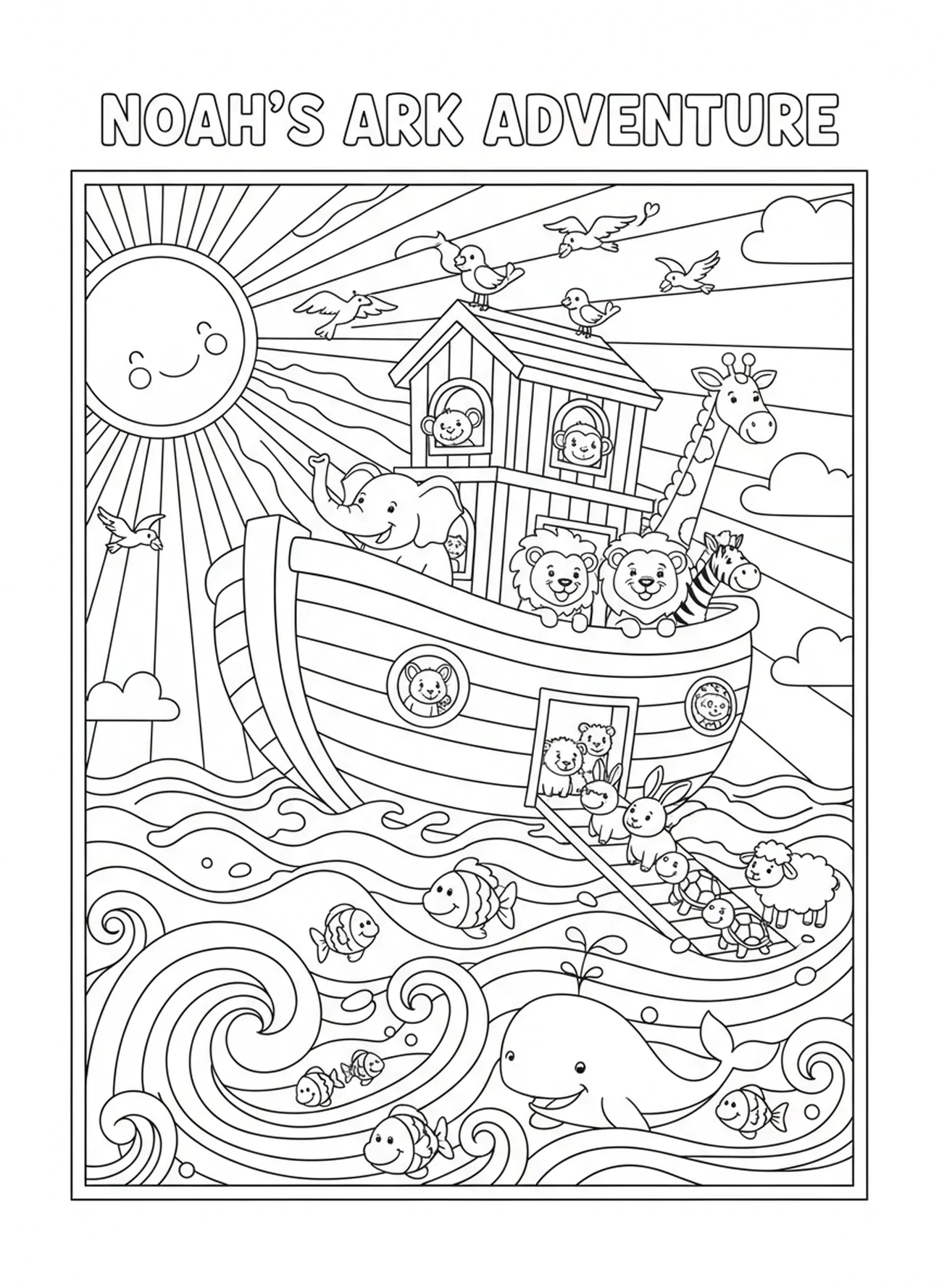 Un soleil radieux se lève sur l'arche en bois, page à colorier du Jour de la Création 4 : Soleil, Lune et Étoiles pour les enfants de 5 à 10 ans.