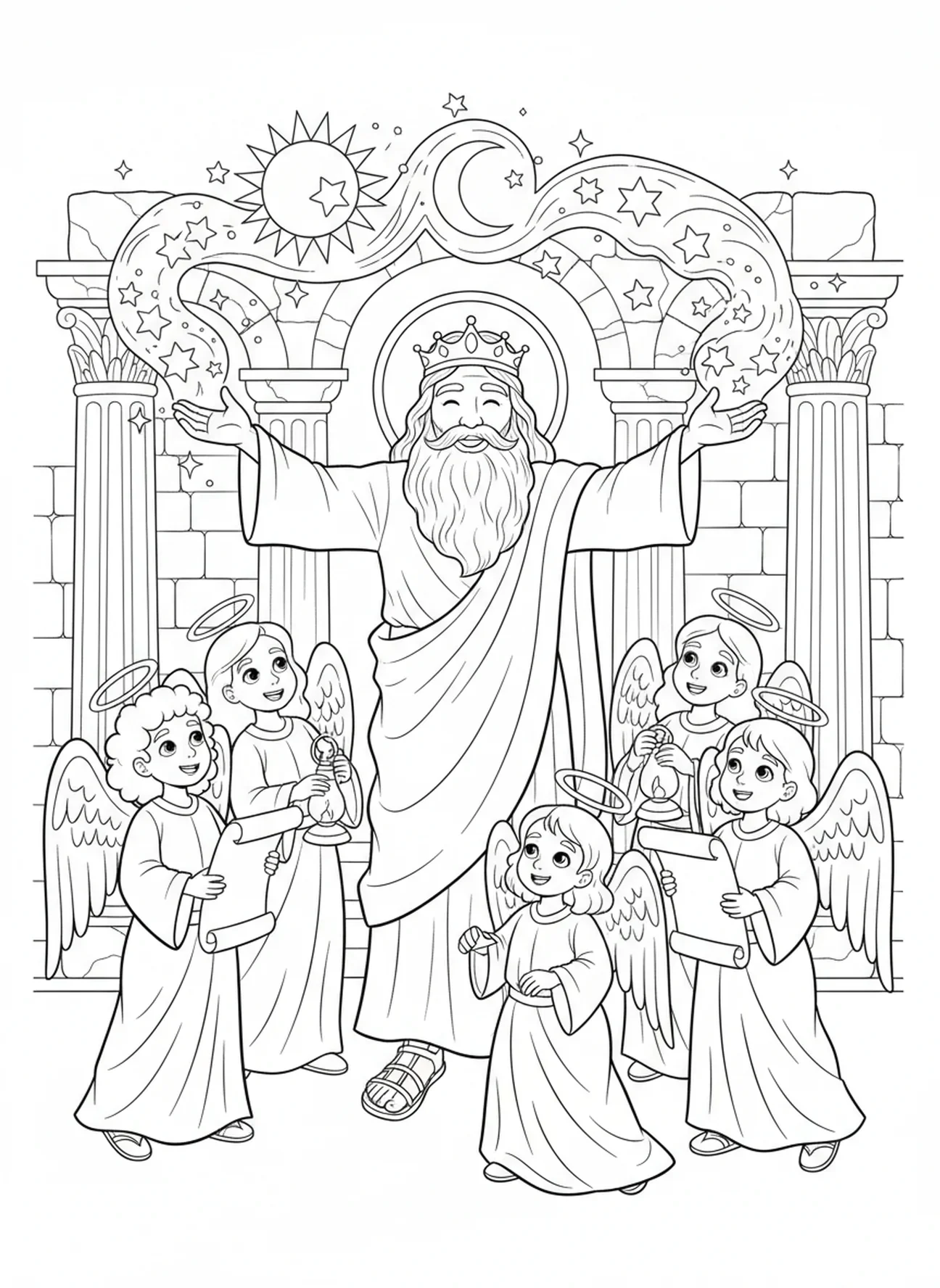 Dieu créant le quatrième jour, page à colorier du Jour de la Création 4 Soleil Lune Étoiles pour les enfants de l'École du dimanche âgés de 5 à 12 ans.