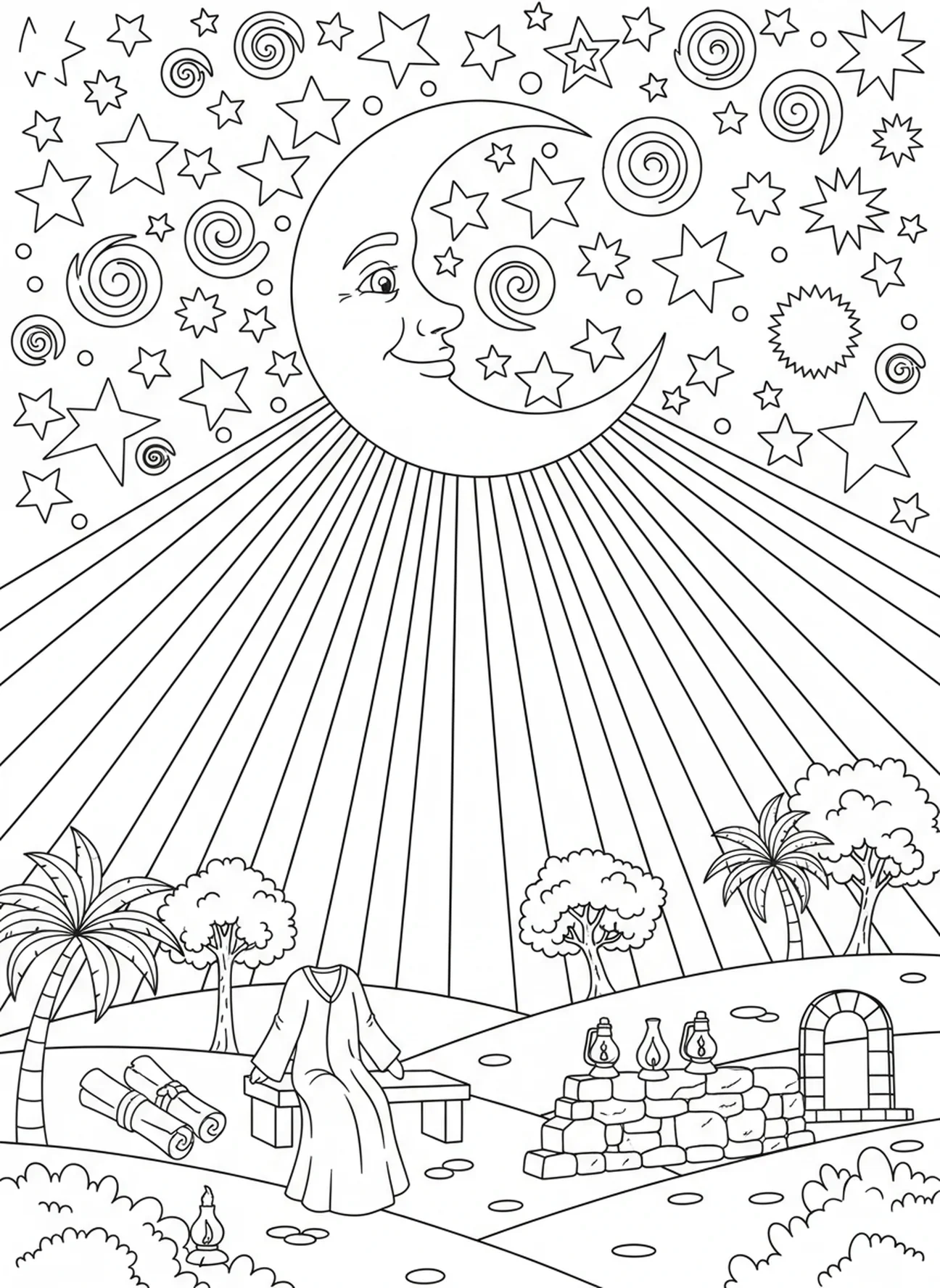 Cieux décorés d'étoiles, page à colorier du Jour de la Création 4 : Soleil, Lune, Étoiles pour les enfants de l'École du dimanche âgés de 5 à 12 ans.