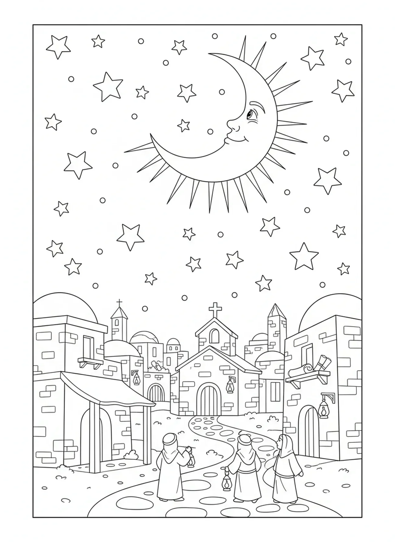 Vue du ciel nocturne, page à colorier de la Création Jour 4 Soleil Lune Étoiles pour les enfants de l'École du dimanche âgés de 5 à 12 ans.