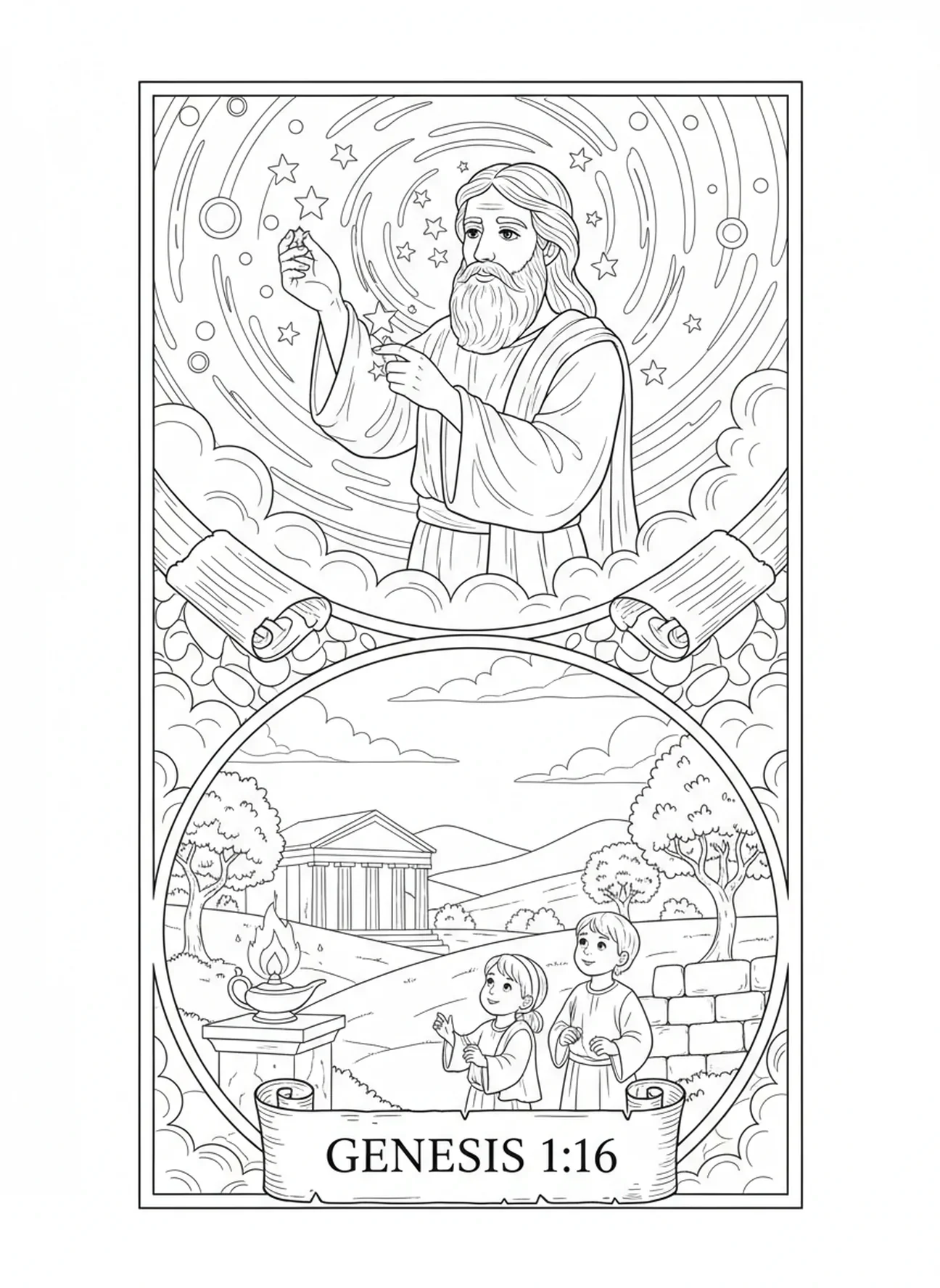 Des étoiles remplissant le ciel, page à colorier du Jour de la Création 4 : Soleil, Lune et Étoiles pour les enfants de l'École du dimanche âgés de 5 à 12 ans.