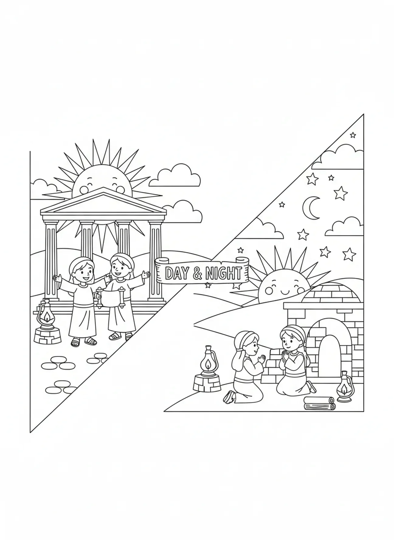 Lever et coucher de soleil, page à colorier du Jour 4 de la Création avec le soleil, la lune et les étoiles pour les enfants de l'École du dimanche âgés de 5 à 12 ans.