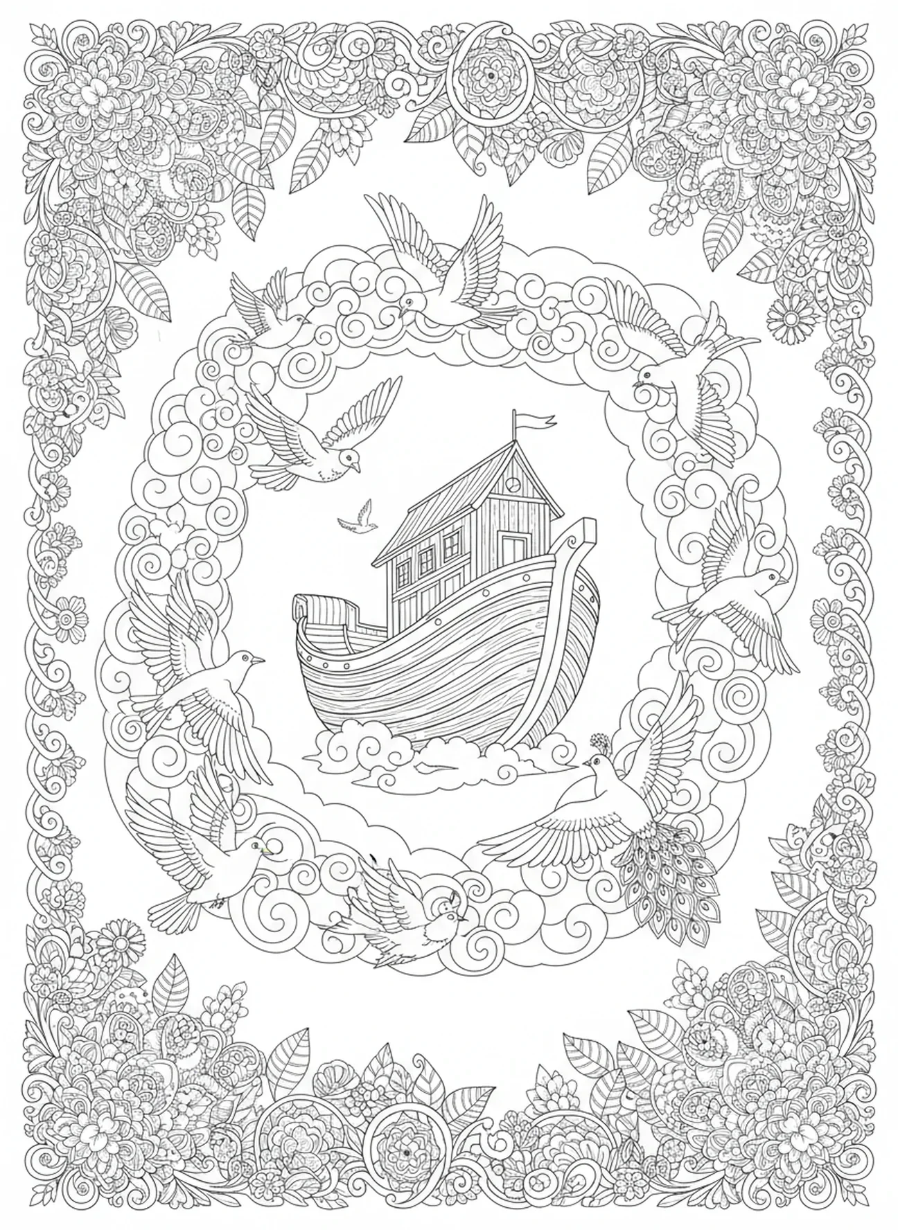 Noahs Arche und Vögel, Schöpfungstag 5 Fische Vögel Malvorlage für Erwachsene im Bibel-Journaling-Stil.
