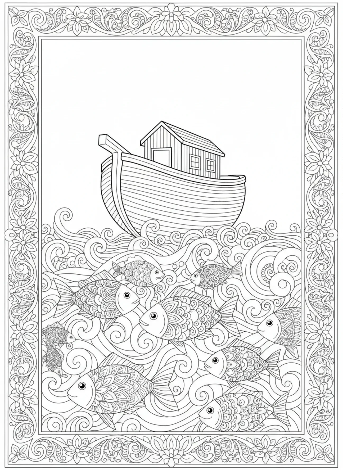 Arche auf Wasser mit Fischen darunter, Schöpfungstag 5 Fische und Vögel Ausmalbild für Erwachsene im Bibel-Journaling-Stil.