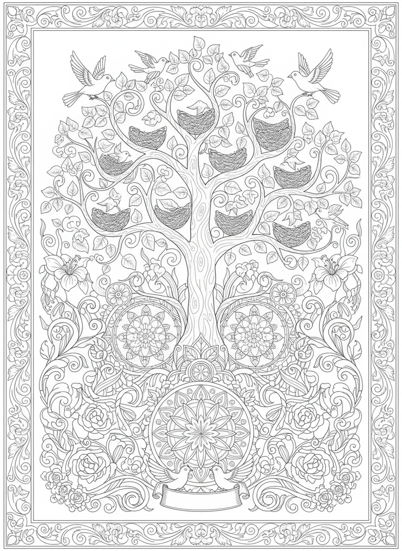 Aufwendiger Baum mit Vögeln und Nestern, Schöpfungstag 5 Fische Vögel Malvorlage für Erwachsene im Bibel-Journaling-Stil.
