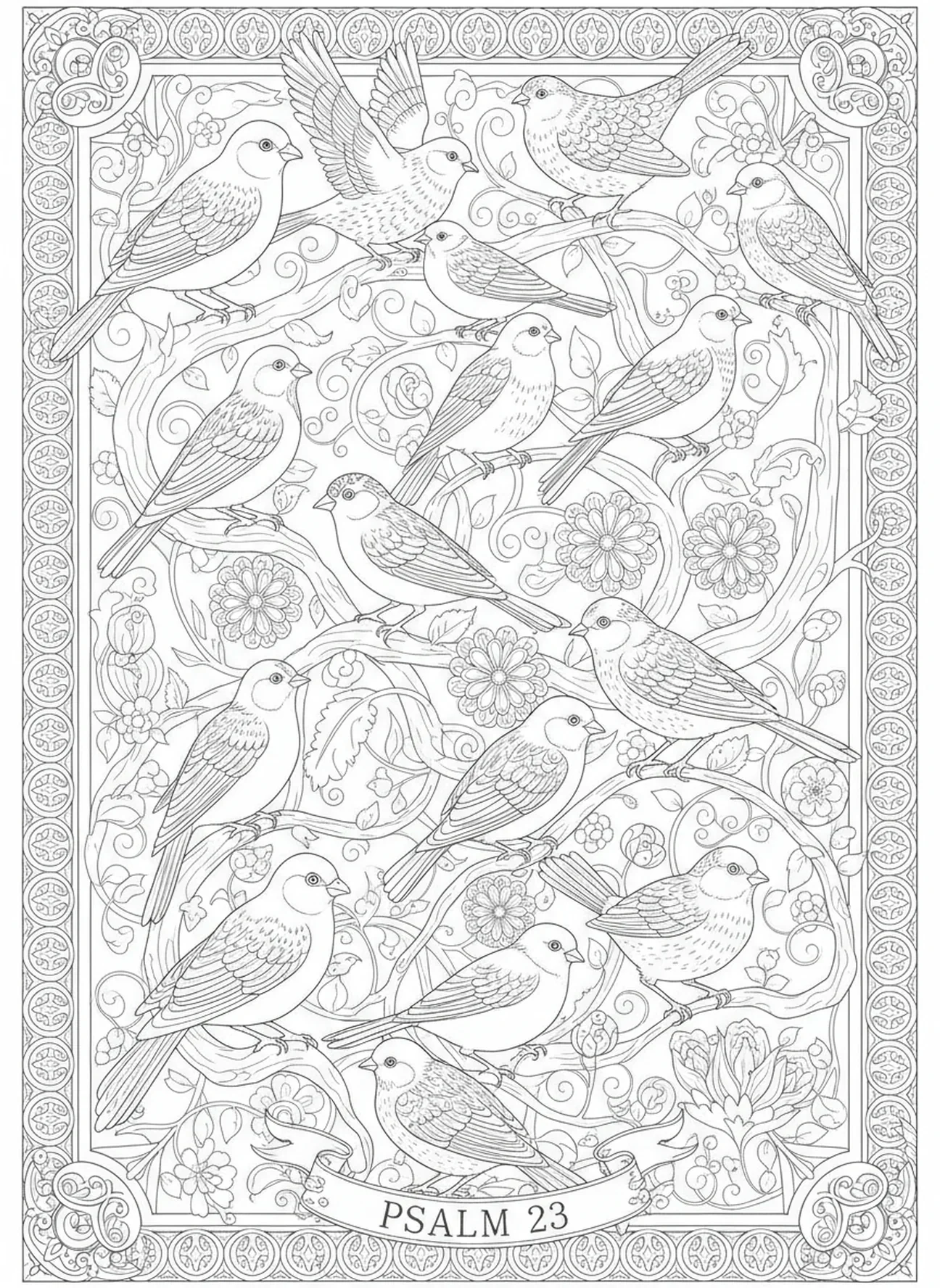 Vögel auf Ästen mit floralen Designs, Schöpfungstag 5 Fische Vögel Malvorlage für Erwachsene im Bibel-Journaling-Stil.