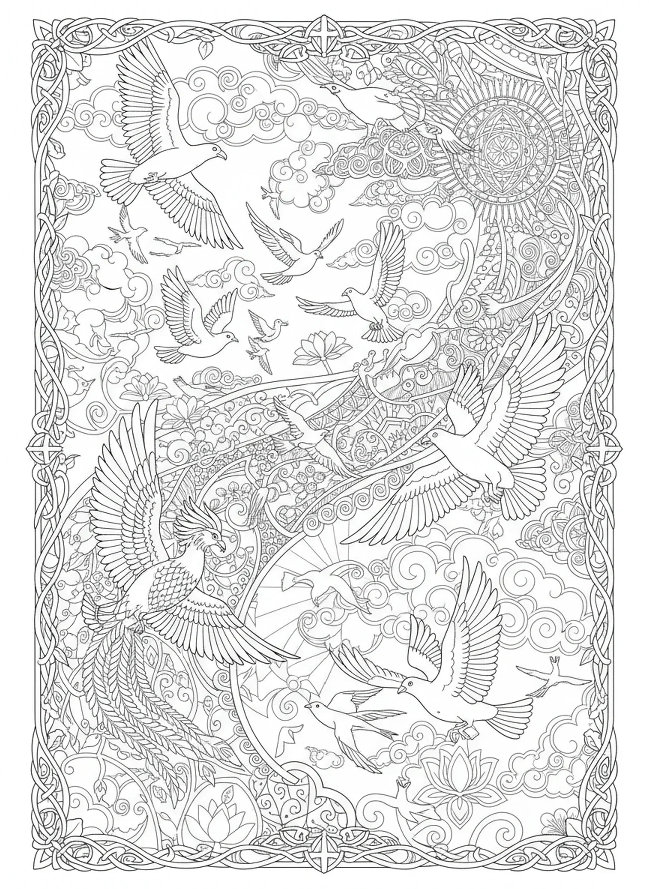 Himmel voller fliegender Vögel, Schöpfungstag 5 Fische Vögel Malvorlage für Erwachsene im Bibel-Journaling-Stil.