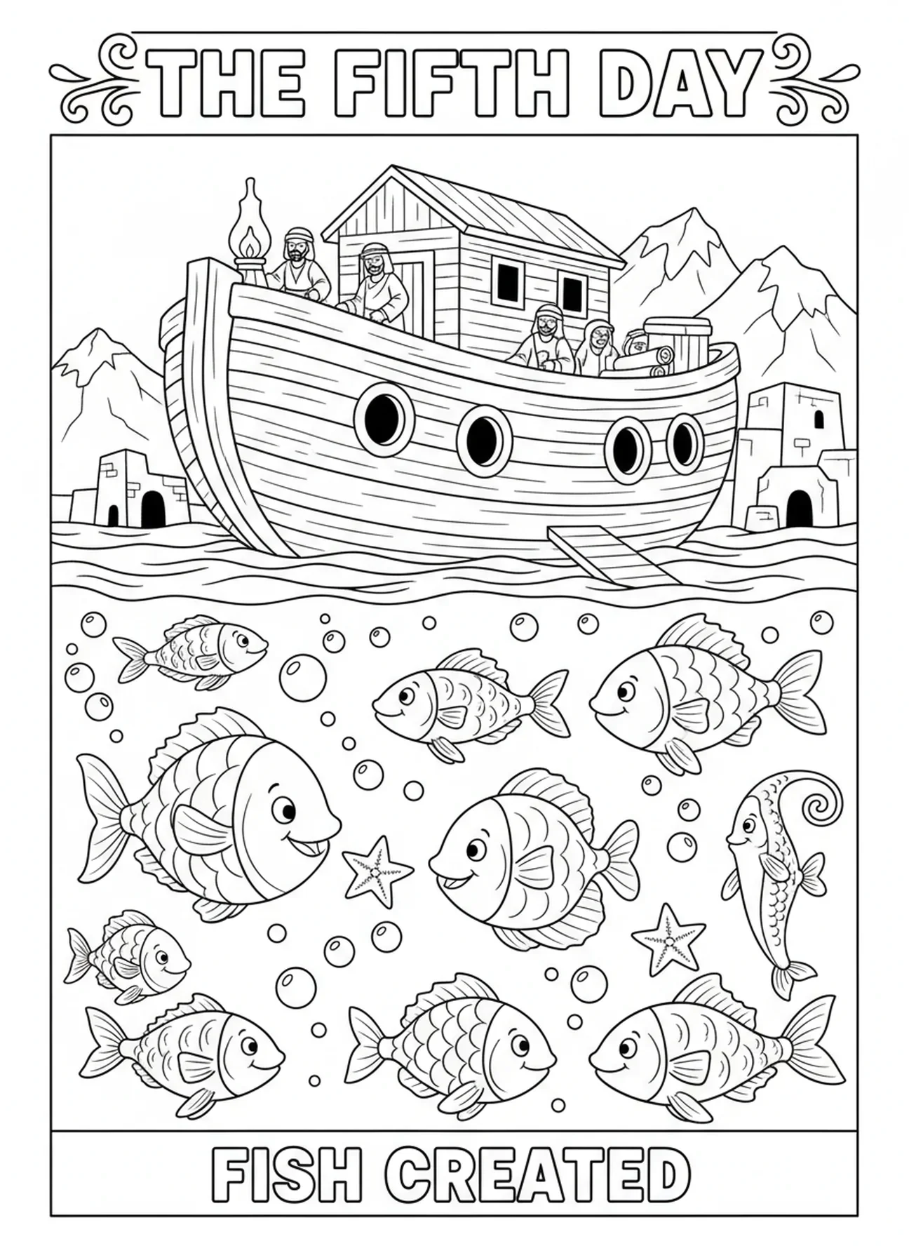 Peces coloridos, página para colorear del Día de la Creación 5 Peces y Aves para niños de Escuela Dominical de 5 a 12 años.