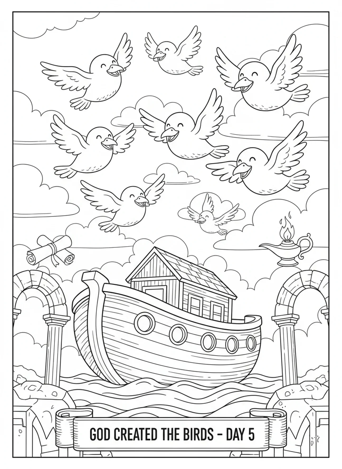 Grupo de aves, página para colorear del Día 5 de la Creación, Peces y Aves, para niños de 5 a 12 años en la Escuela Dominical.