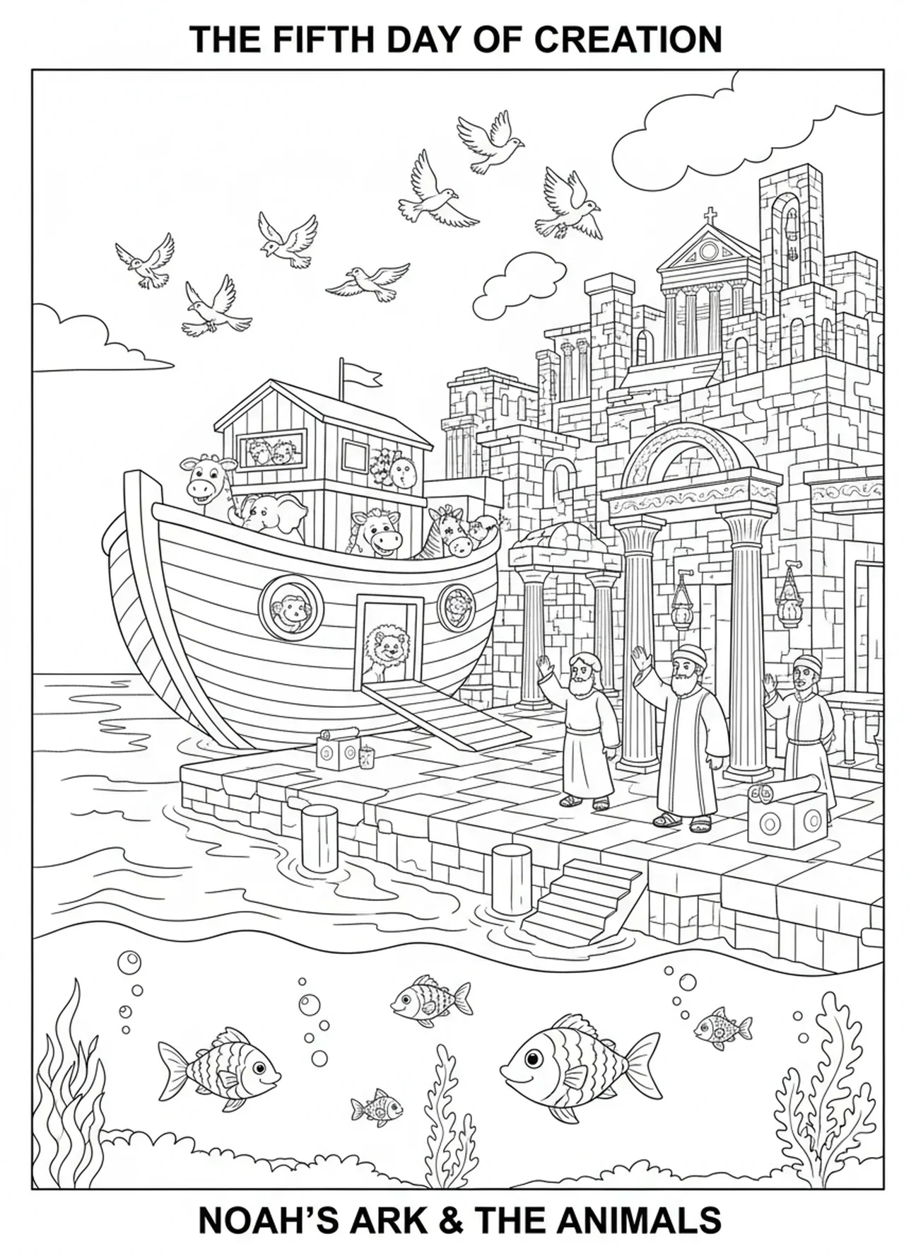 El arca de Noé y estructuras antiguas, página para colorear del Día de la Creación 5: Peces y Aves para niños de Escuela Dominical de 5 a 12 años.