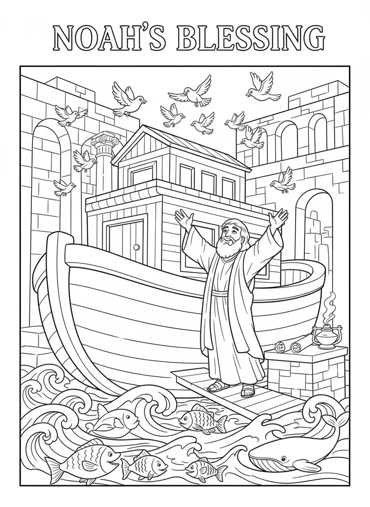 Noé bendiciendo la creación, página para colorear del Día 5 de la Creación con peces y aves para niños de la Escuela Dominical de 5 a 12 años.