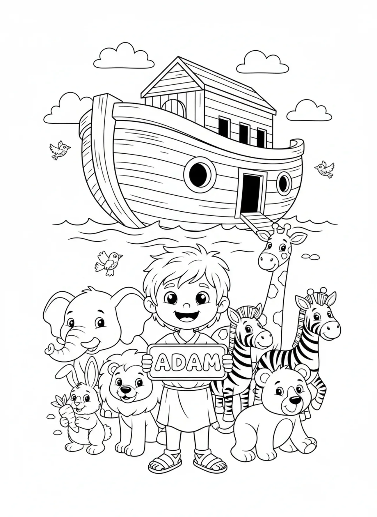 Animais se reunindo ao redor de Adão, Dia da Criação 6 Animais página para colorir para crianças de 5 a 10 anos.
