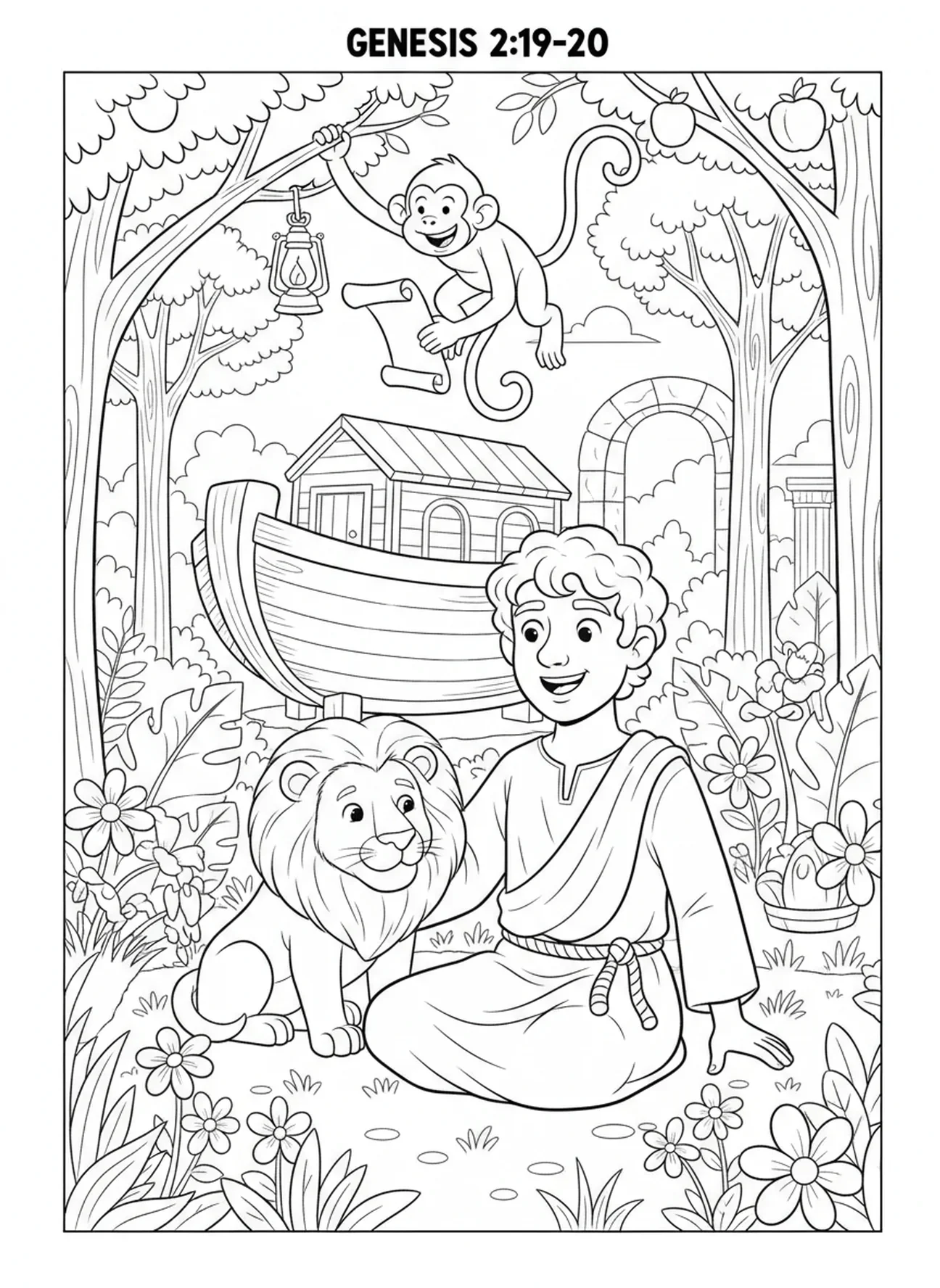 Adam avec un lion et un singe, page à colorier sur la Création Jour 6 Animaux pour les enfants de 5 à 12 ans à l'École du dimanche