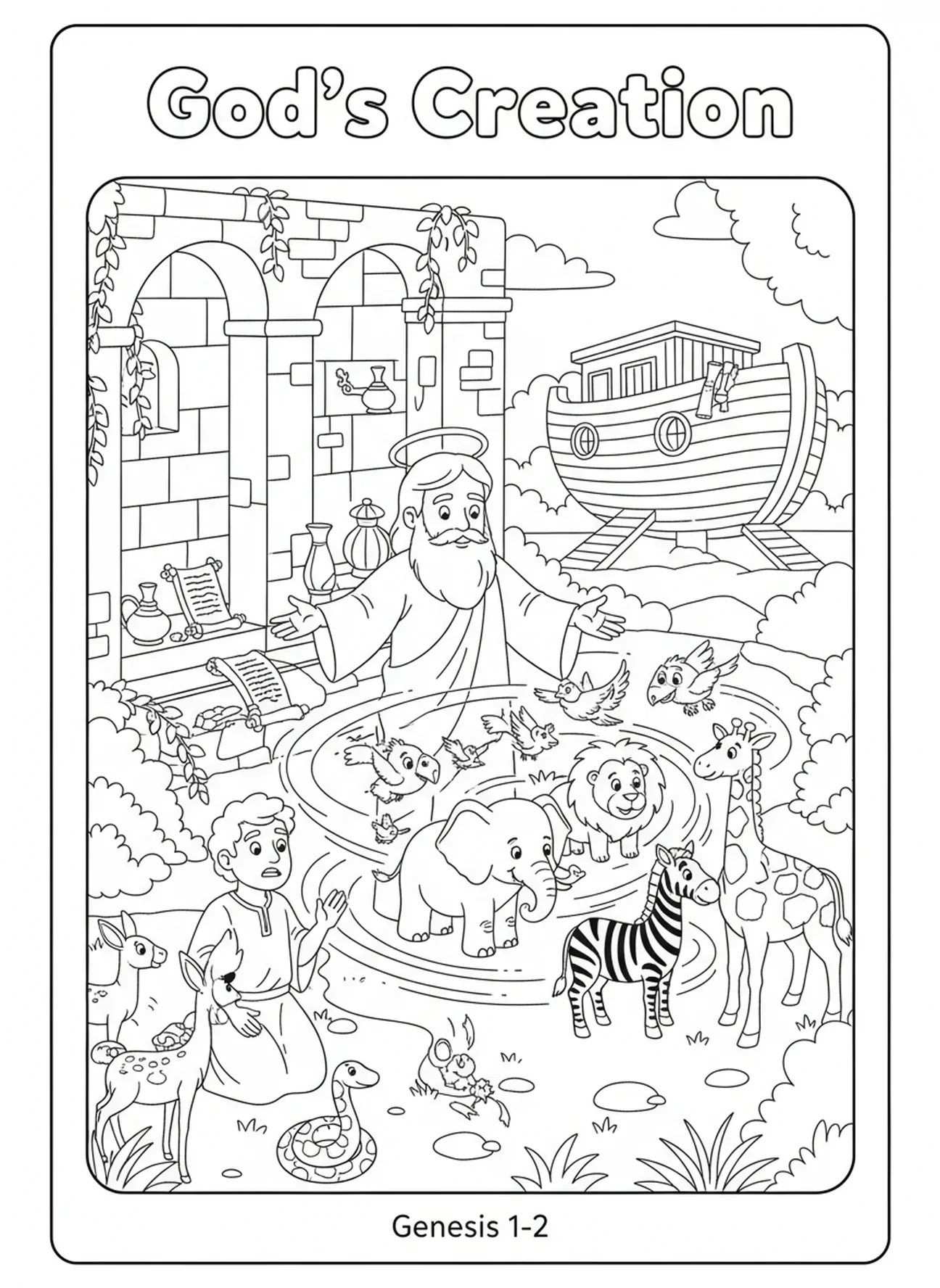 Dieu créant les animaux, page à colorier sur la Création Jour 6 Animaux Adam pour les enfants de l'École du dimanche âgés de 5 à 12 ans