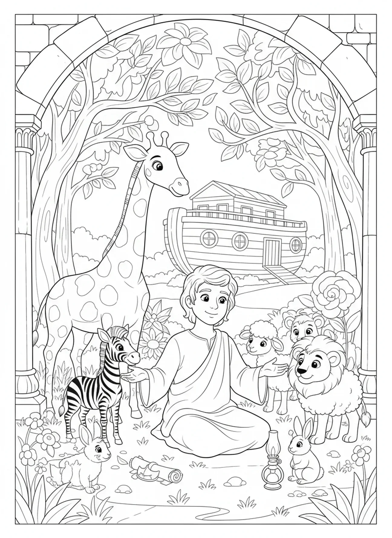 Animaux se rassemblant autour d'Adam, page à colorier sur la Création Jour 6 pour les enfants de l'École du dimanche âgés de 5 à 12 ans