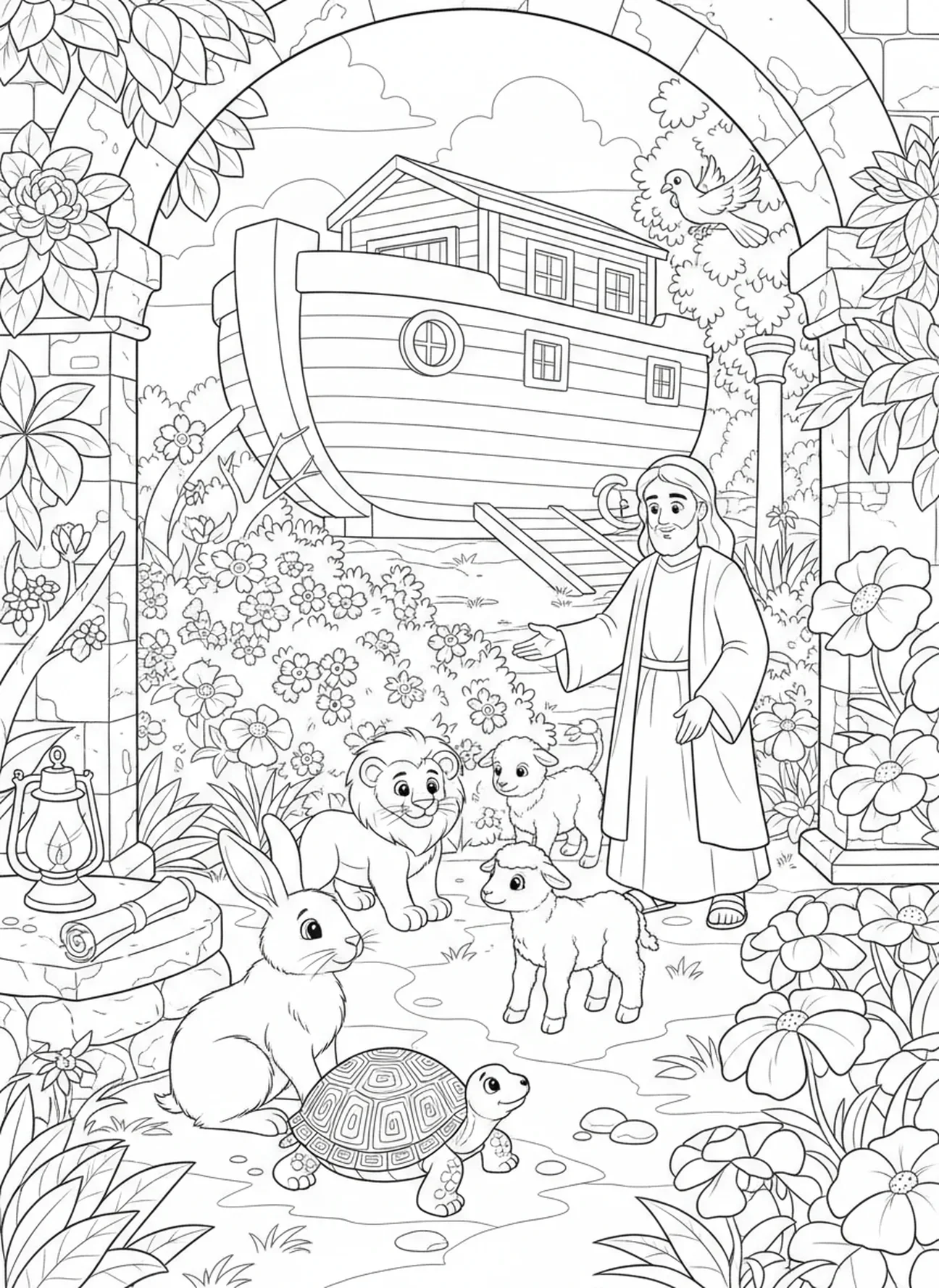 Animaux en harmonie, page à colorier sur les animaux du Jour 6 de la Création pour les enfants de l'École du dimanche âgés de 5 à 12 ans