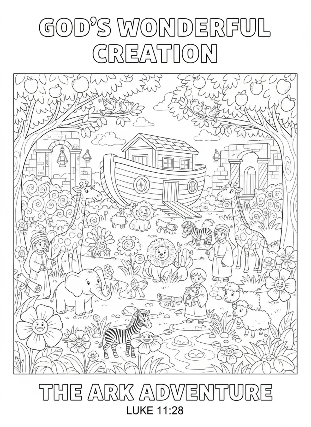 Le jardin de la création, jour 6 de la création, coloriage des animaux et d'Adam pour les enfants de l'École du dimanche âgés de 5 à 12 ans