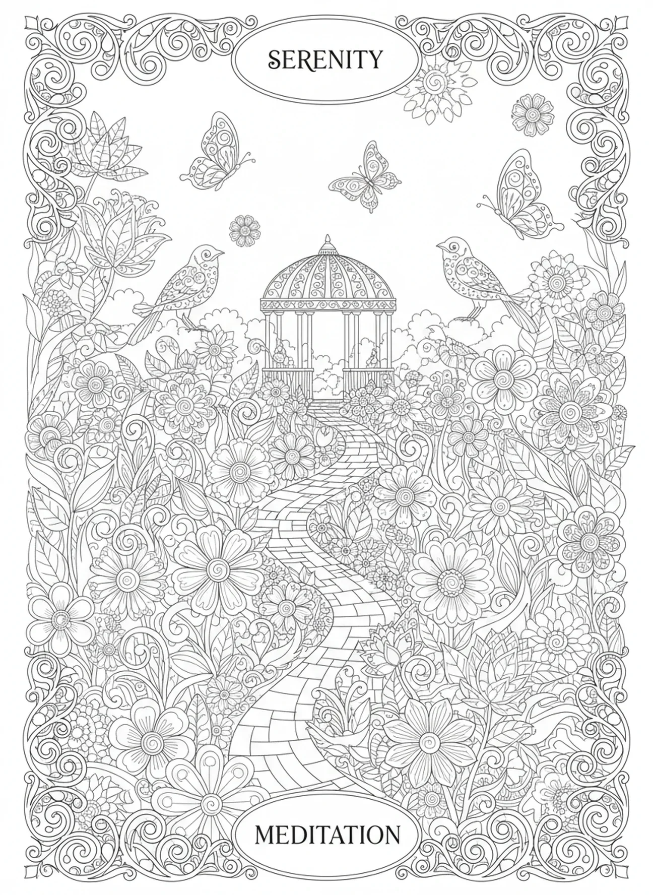 Ruhiger Garten, Ausmalbild zum Ruhetag der Schöpfung für Erwachsene im Bibel-Journaling-Stil
