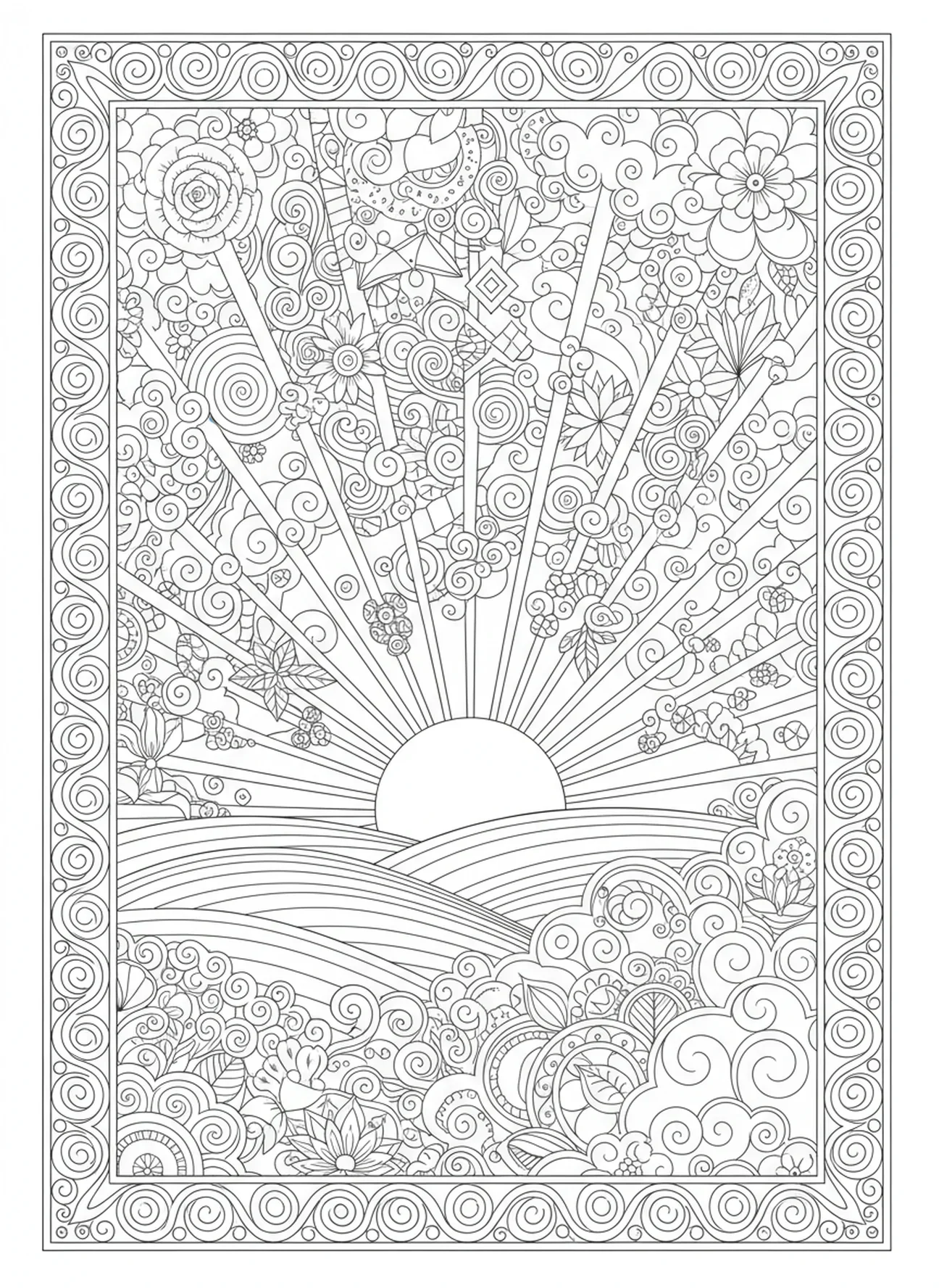 Verspielter Sonnenaufgang, Ausmalbild zum Ruhetag der Schöpfung für Erwachsene im Bibel-Journaling-Stil