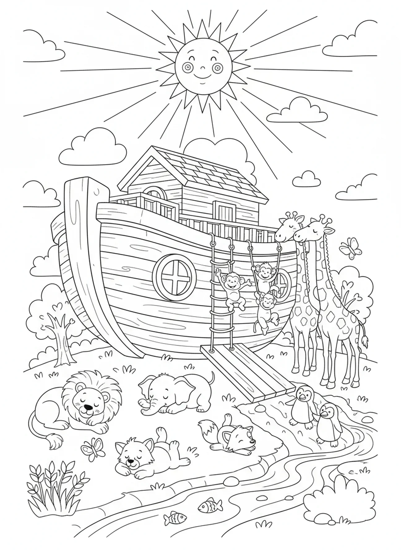 Animaux de dessin animé se reposant, page à colorier sur le repos du 7ème jour de la Création pour les enfants de 5 à 10 ans