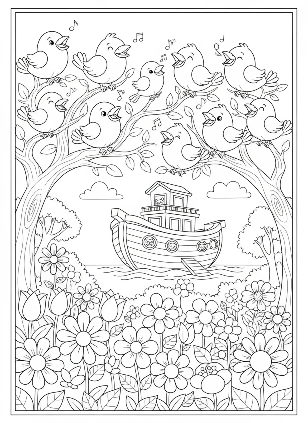 Oiseaux joyeux chantant, page à colorier du Jour de la Création 7, repos pour les enfants de 5 à 10 ans