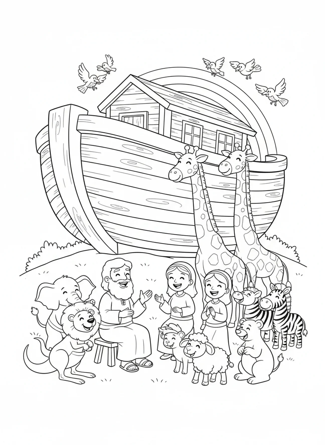 Rassemblement de la famille de Noé, page à colorier sur le repos du 7ème jour de la Création pour les enfants de 5 à 10 ans