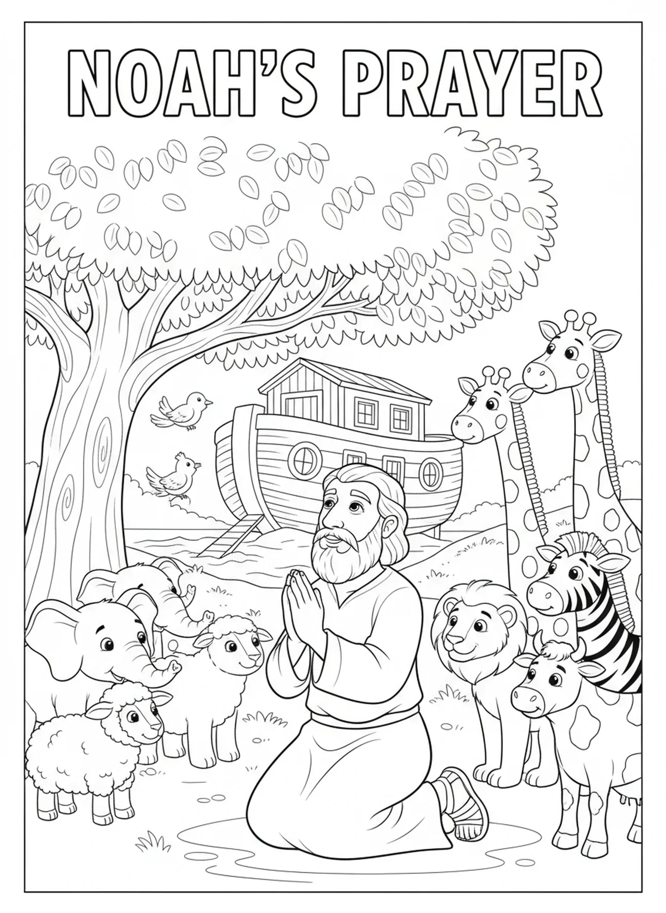 Noé priant sous un arbre, page à colorier sur le repos du 7ème jour de la Création pour les enfants de 5 à 10 ans