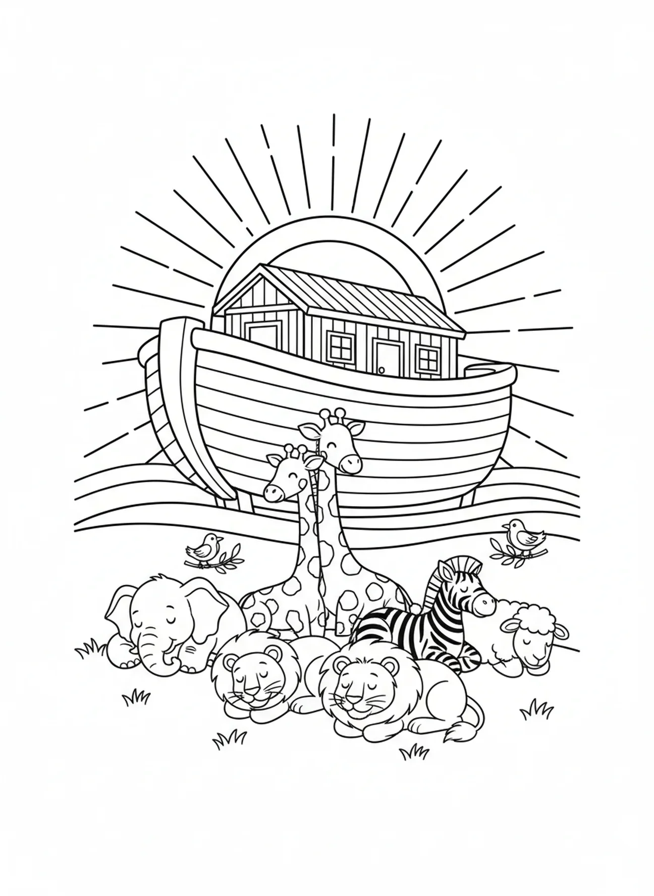 Coucher de soleil sur l'arche, page à colorier du Jour 7 de la Création - Repos pour les enfants de 5 à 10 ans