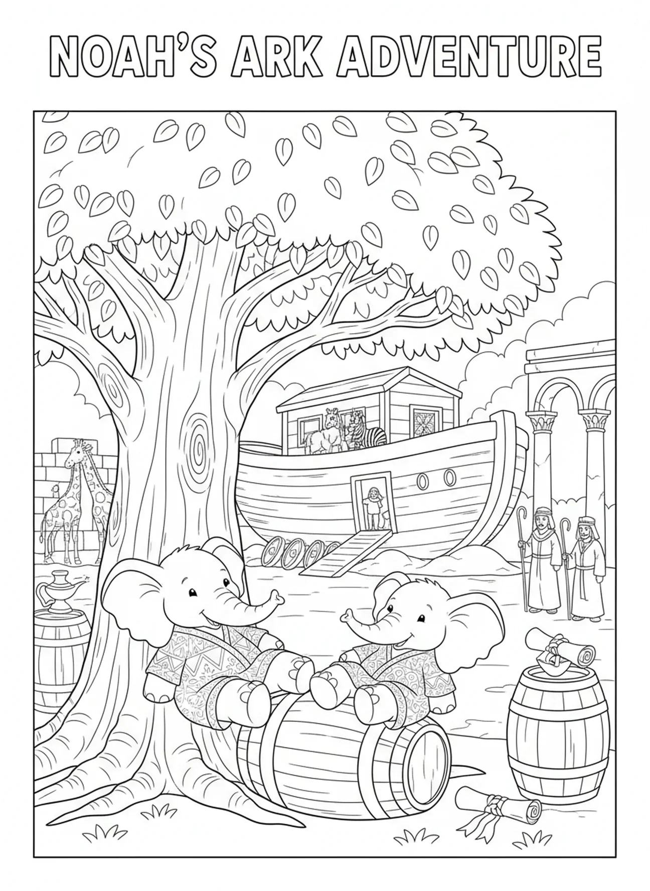 Paire d'éléphants se reposant, page à colorier sur le repos du 7ème jour de la Création pour les enfants de l'École du dimanche âgés de 5 à 12 ans.