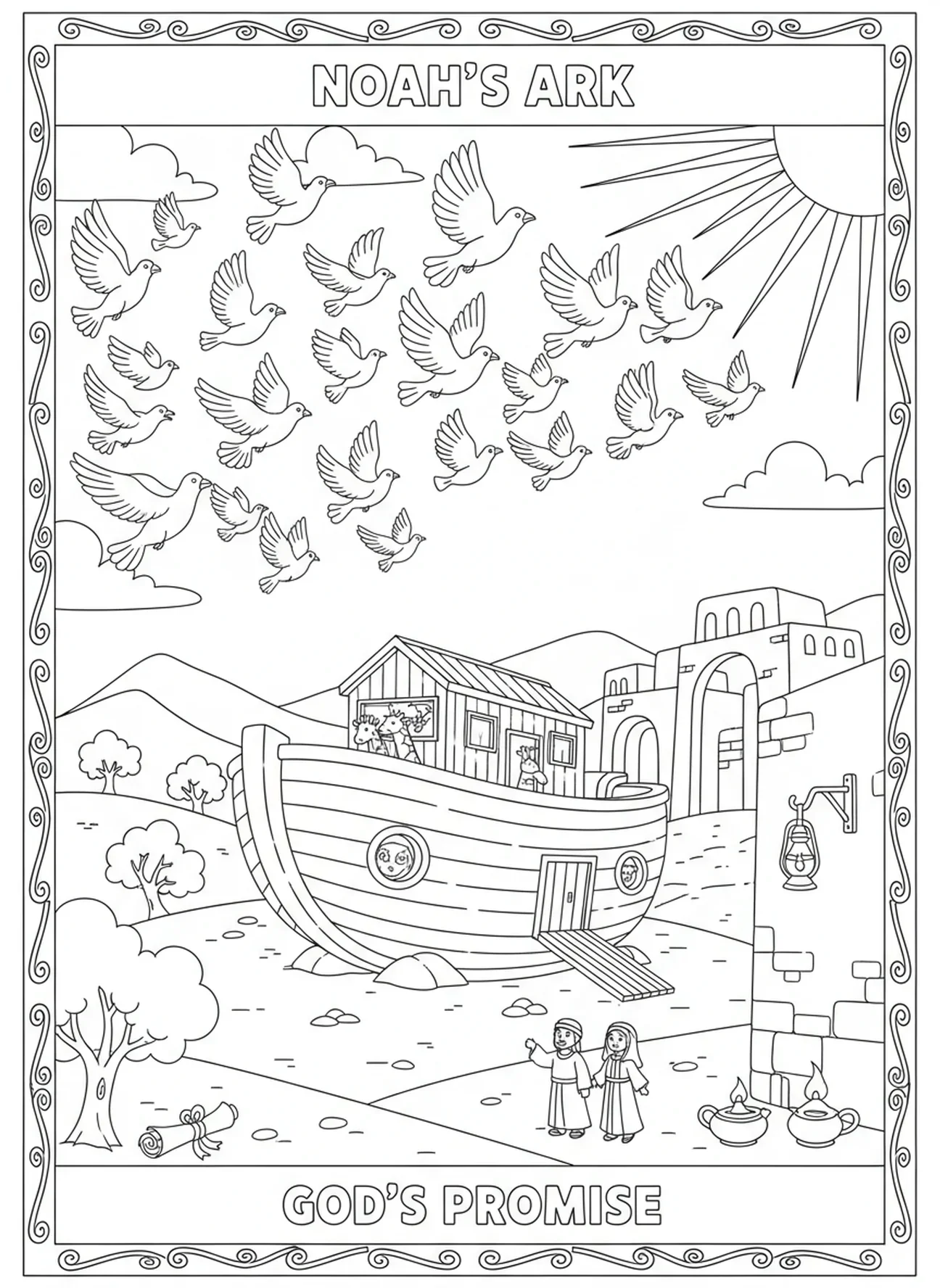 Vol de oiseaux dans le ciel, page à colorier sur le repos du 7ème jour de la Création pour les enfants de l'École du dimanche âgés de 5 à 12 ans.