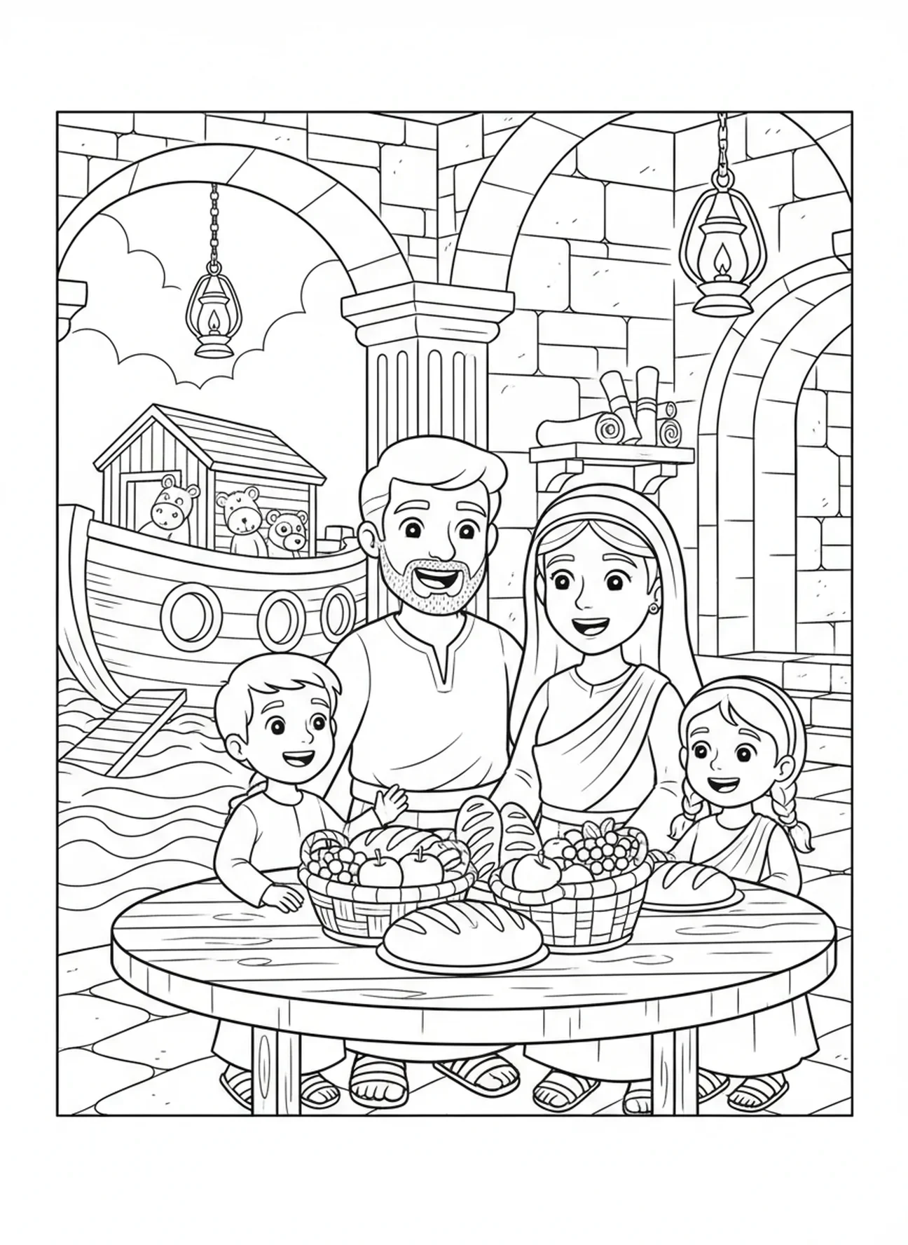 Famille heureuse célébrant, page à colorier sur le Jour 7 de la Création et le Repos pour les enfants de l'École du dimanche âgés de 5 à 12 ans.