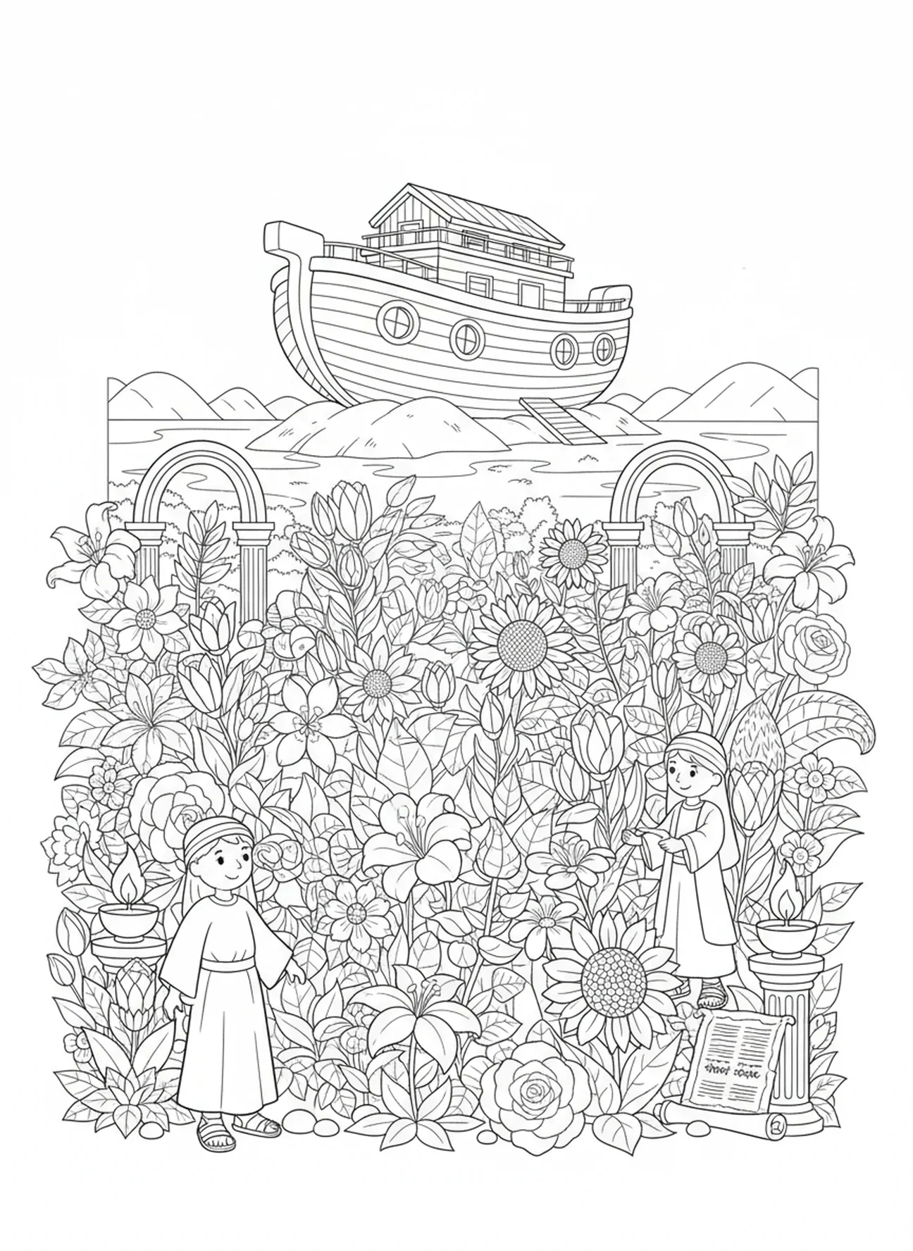 Plantes et fleurs en pleine floraison, page à colorier sur le repos du 7ème jour de la Création pour les enfants de l'École du dimanche âgés de 5 à 12 ans.