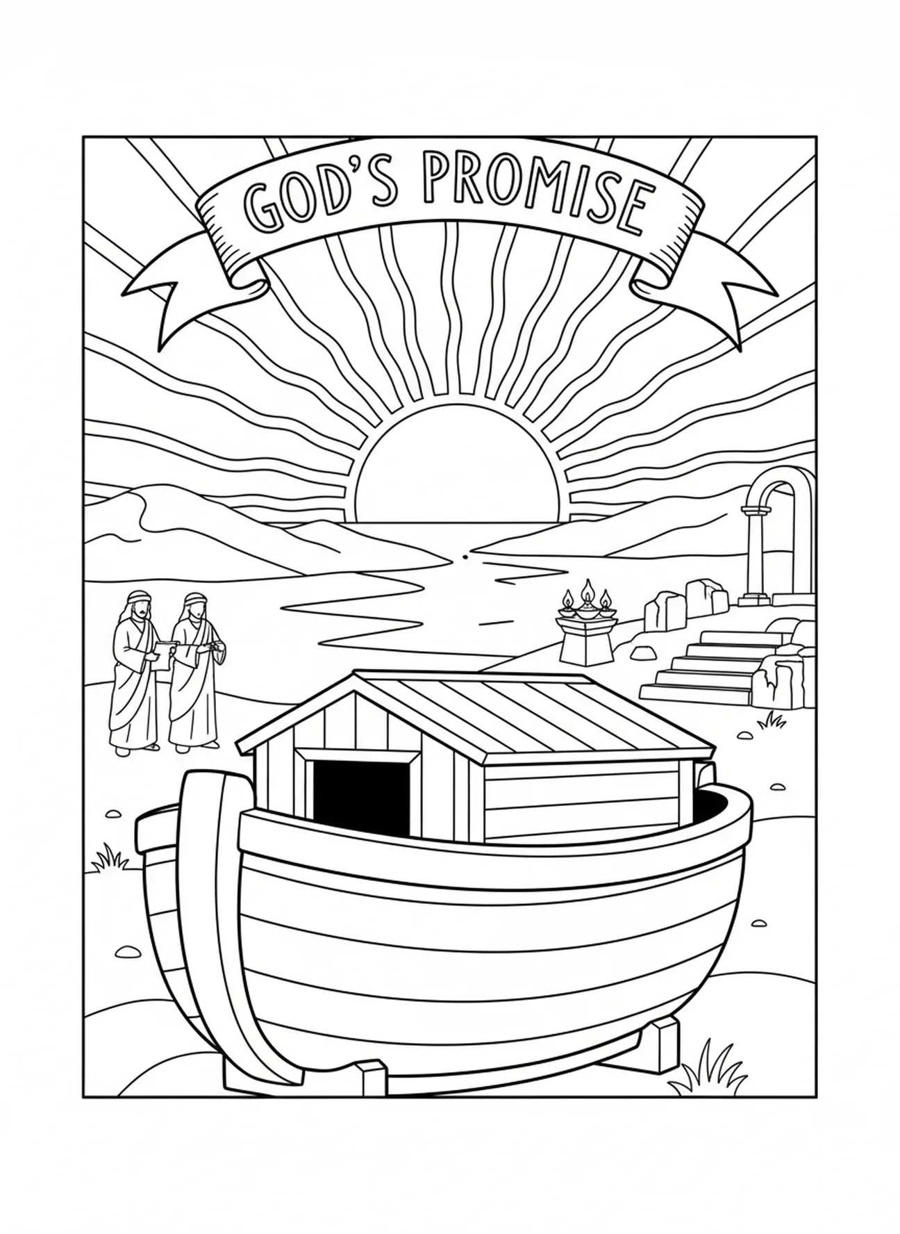 Vue du coucher de soleil sur l'arche, page à colorier du Jour de la Création 7, repos pour les enfants de l'École du dimanche âgés de 5 à 12 ans.