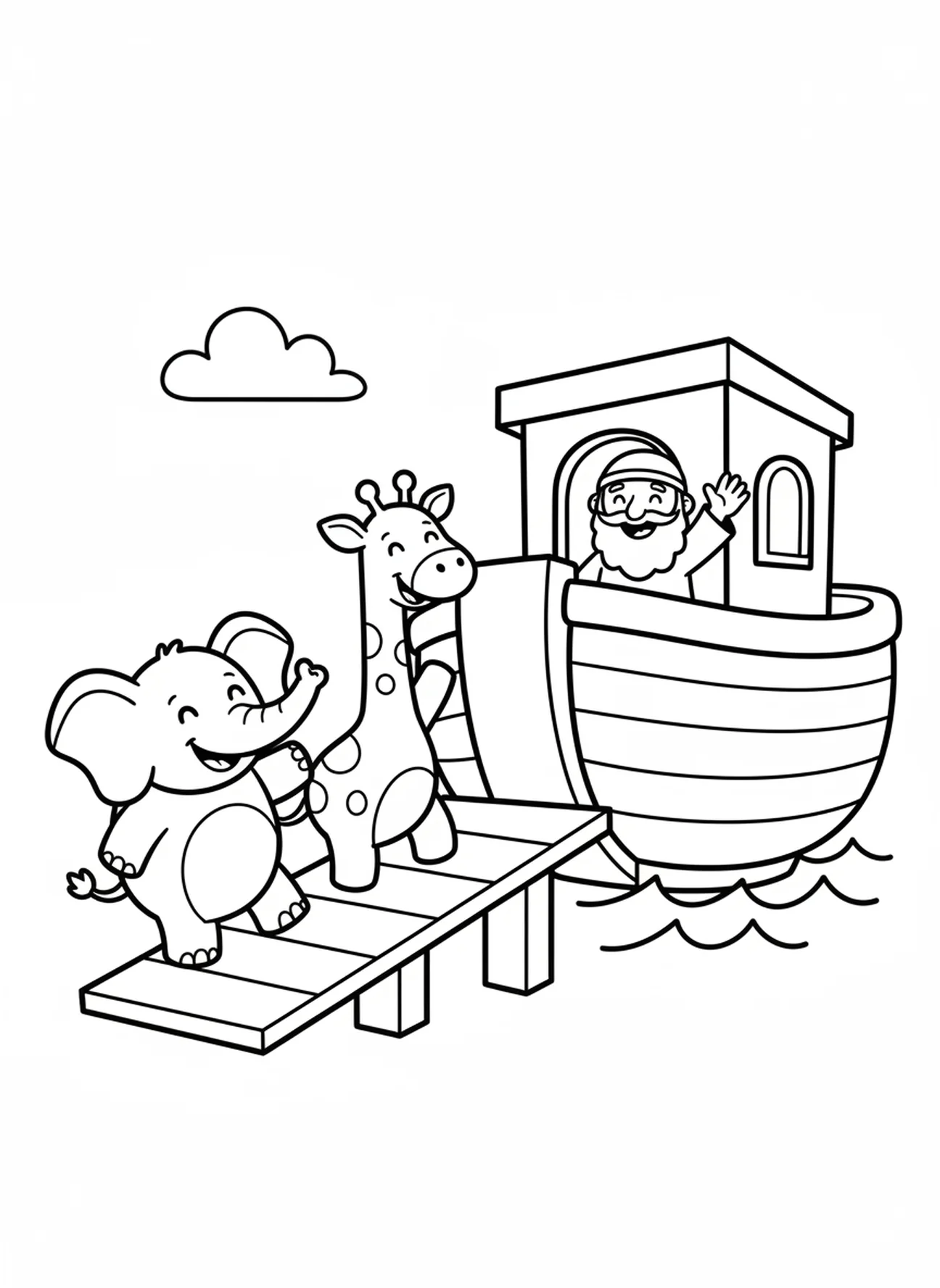 Dois animais de desenho animado subindo na arca, página para colorir Animais da Criação para crianças de 3 a 5 anos.