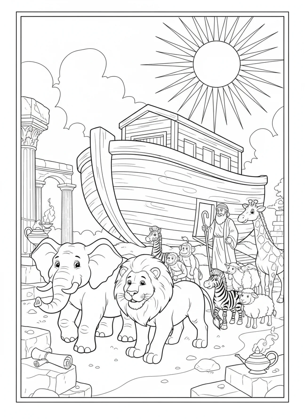 Casal de elefantes e leões, página para colorir Animais da Criação para crianças da Escola Dominical de 5 a 12 anos.