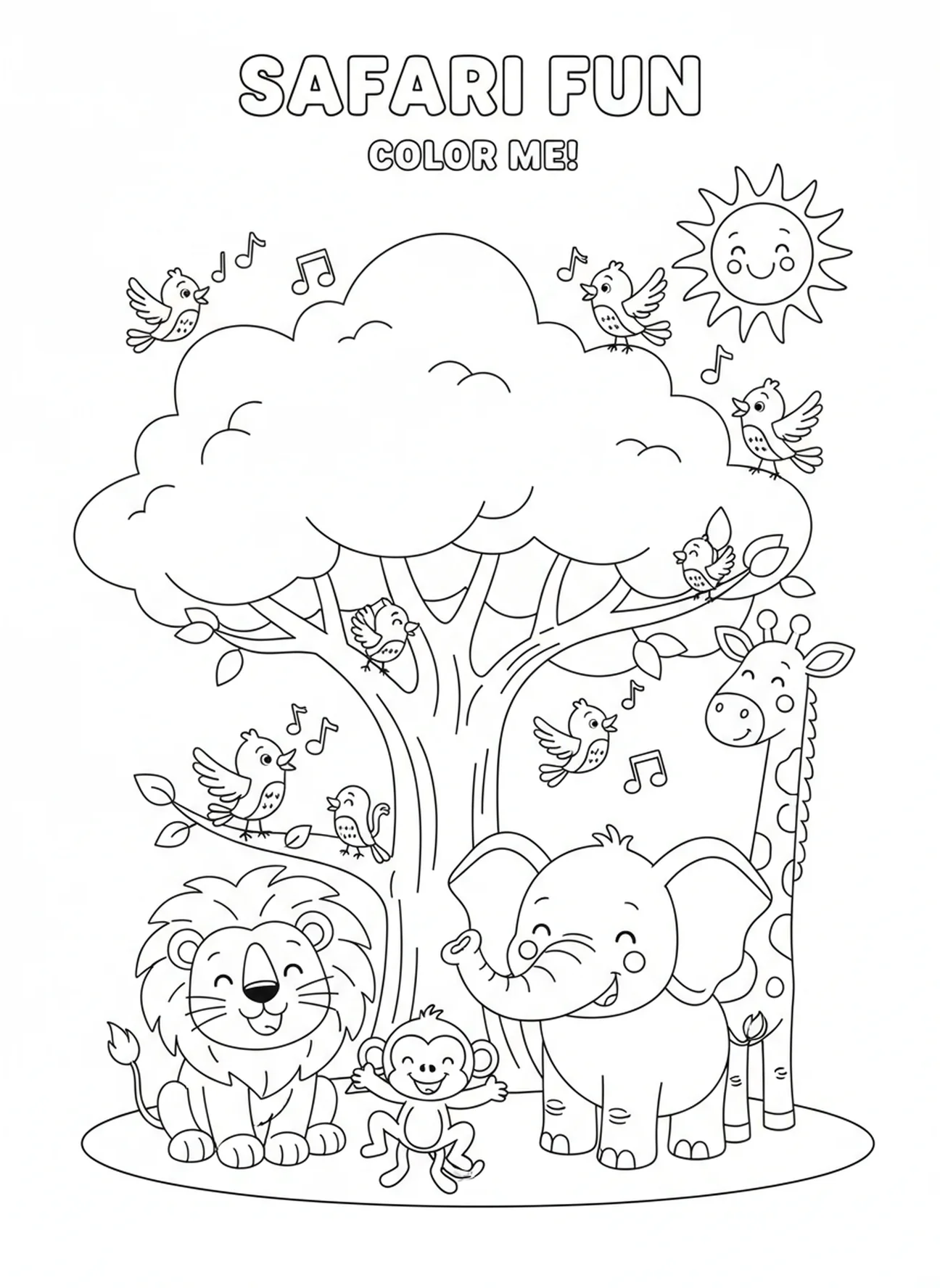 Versammlung von Tieren um einen Baum, Ausmalbild zur Schöpfung Licht Dunkelheit für Kinder im Alter von 5-10 Jahren.