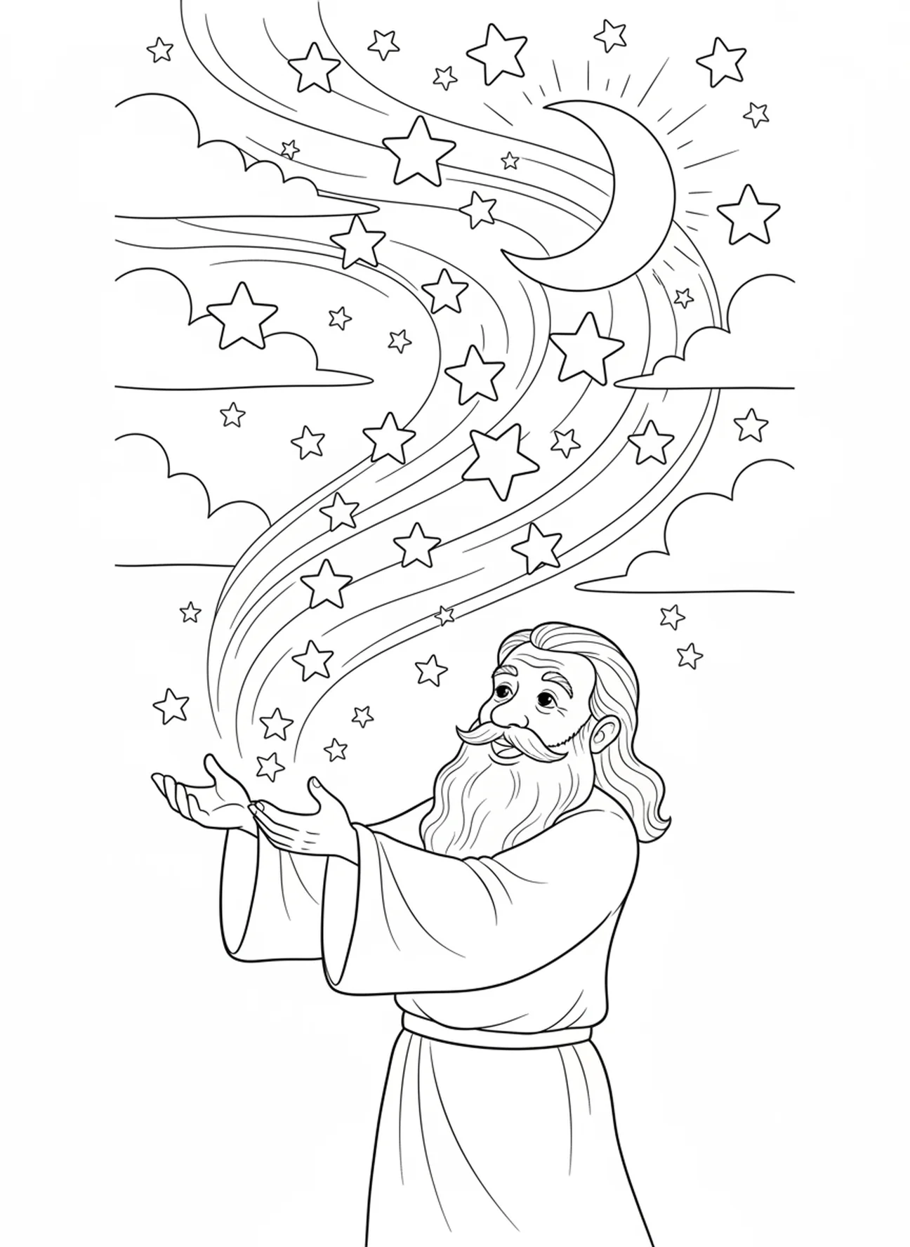 Gott schafft die Dunkelheit, Ausmalbild zur Schöpfung Licht Dunkelheit für Kinder im Alter von 5-10 Jahren.