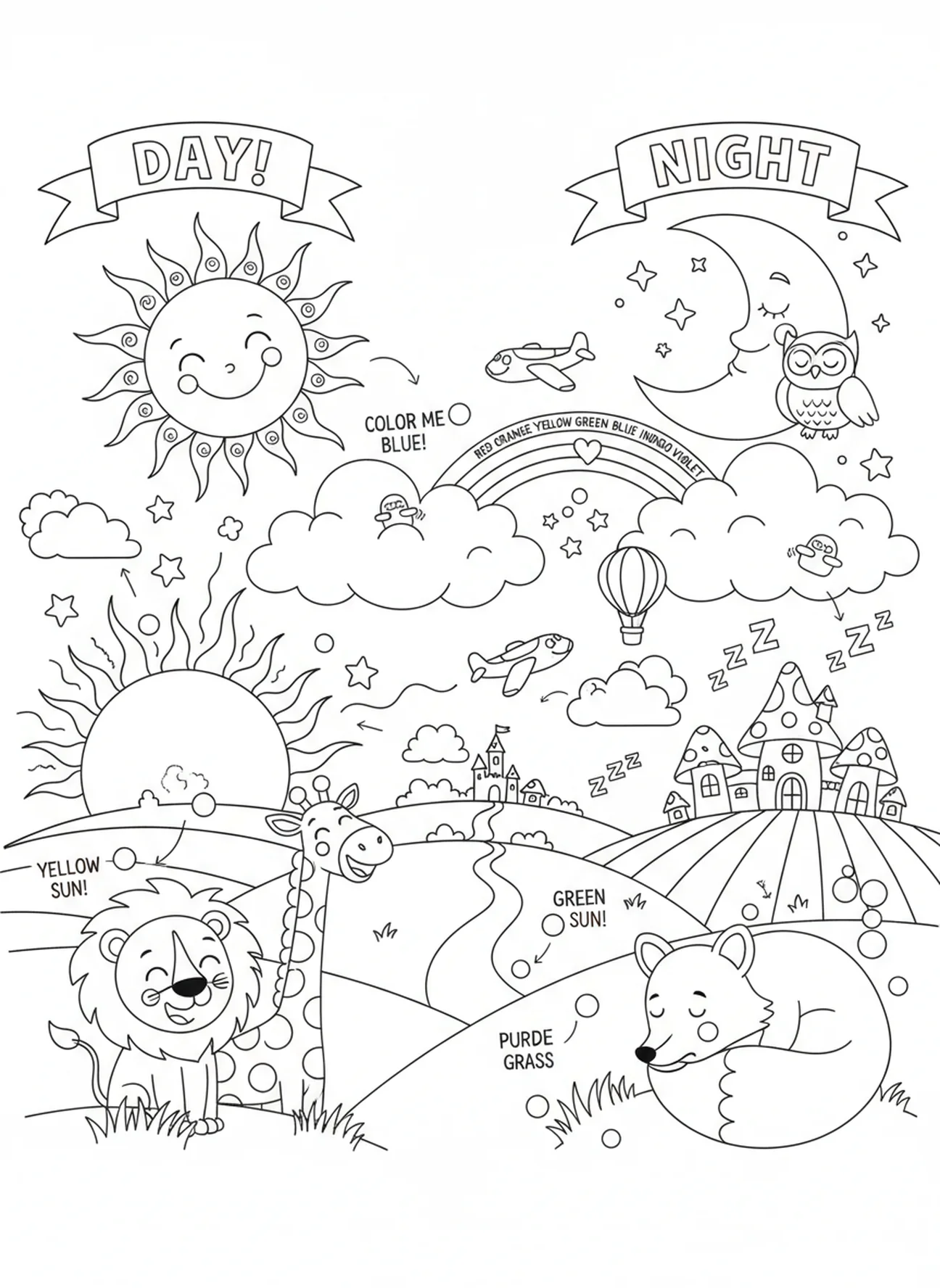 Übergang von Tag und Nacht, Ausmalbild zur Schöpfung Licht Dunkelheit für Kinder im Alter von 5-10 Jahren.