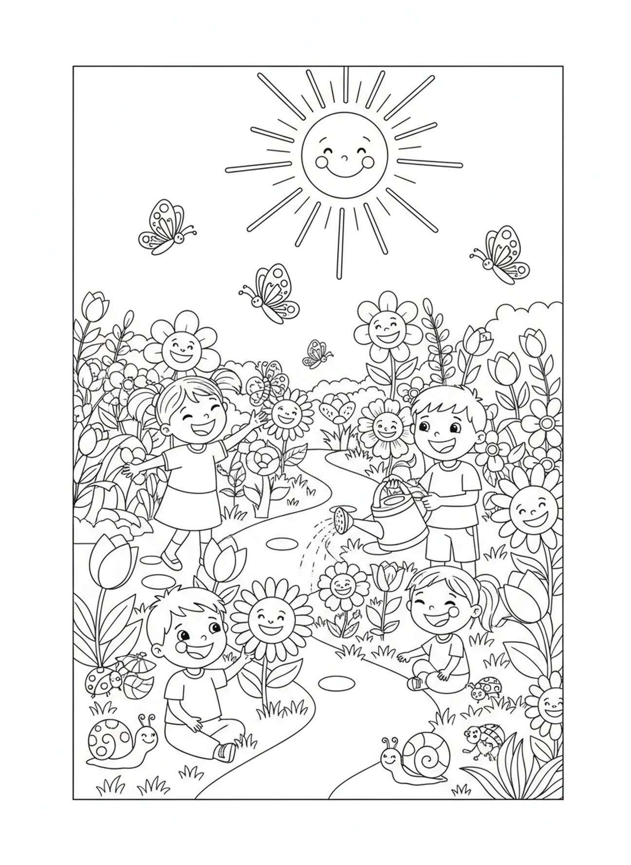 Garten mit Pflanzen und Blumen, Ausmalbild zur Schöpfung Licht Dunkelheit für Kinder im Alter von 5-10 Jahren.