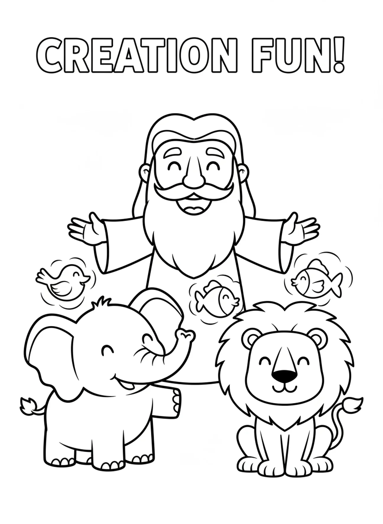 Lächelnde Gott-Figur mit Elefant und Löwe, Ausmalbild zur Schöpfung Licht Dunkelheit für Vorschulkinder im Alter von 3-5 Jahren.
