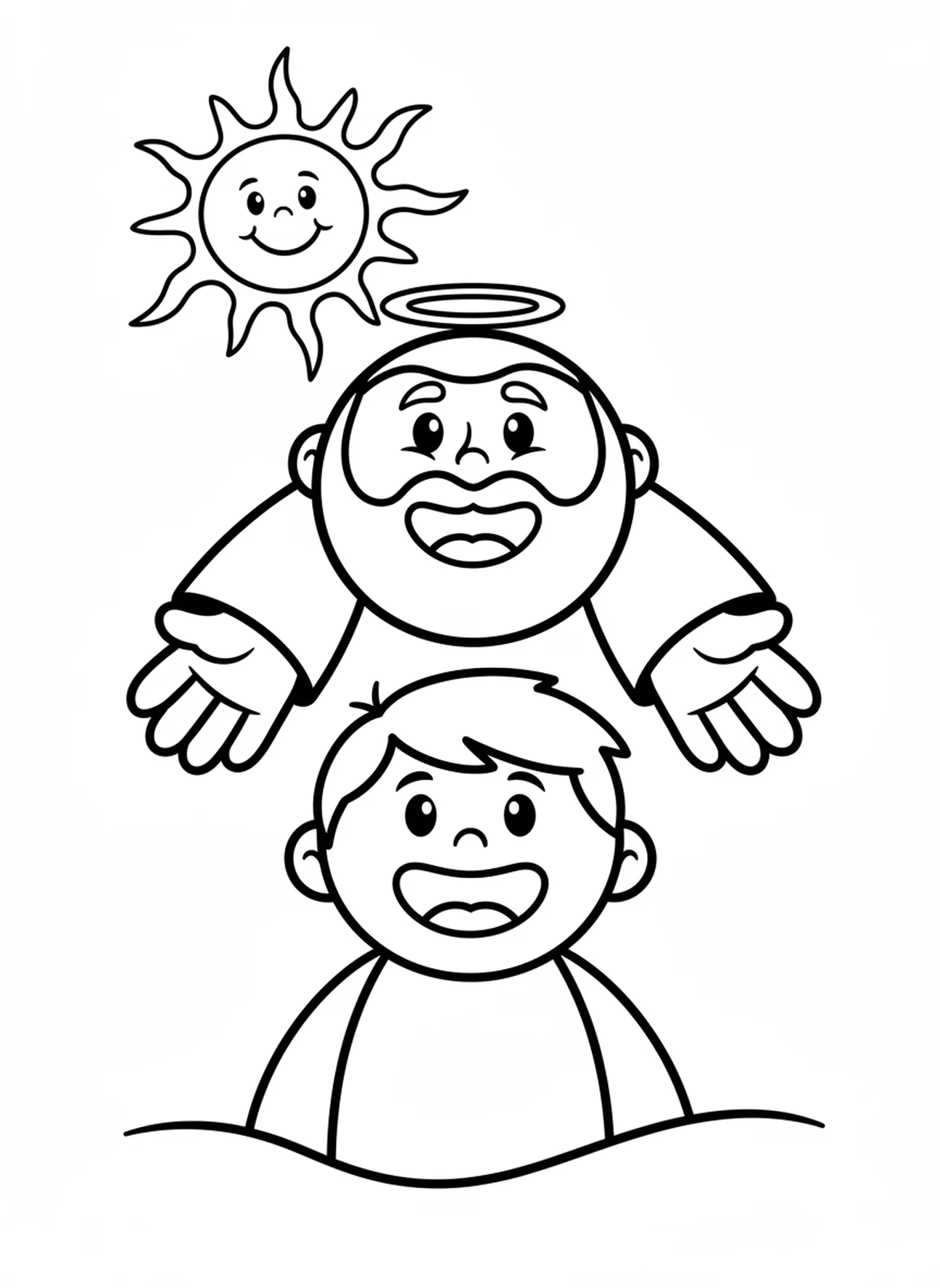 Lächelnde Gottesfigur, die einen Menschen erschafft, Ausmalbild zur Schöpfung Licht Dunkelheit für Vorschulkinder im Alter von 3-5 Jahren.