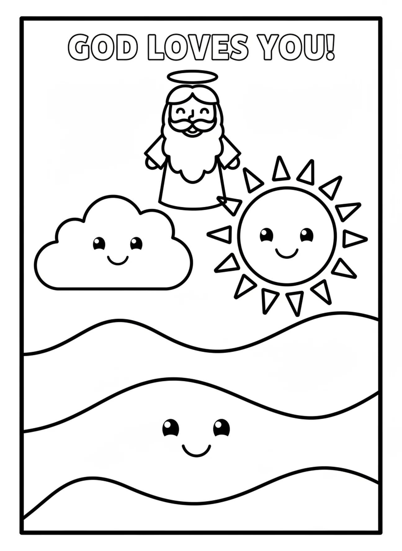 Lächelnde Gott-Figur über dem Himmel, Ausmalbild zur Schöpfung Licht Dunkelheit für Vorschulkinder im Alter von 3-5 Jahren.