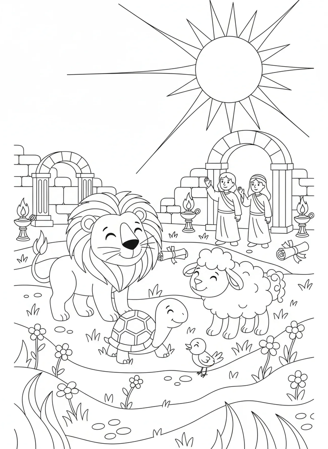 Tiere, die mit Licht geschaffen wurden, Ausmalbild Licht Dunkelheit für die Sonntagsschule Kinder im Alter von 5-12 Jahren.
