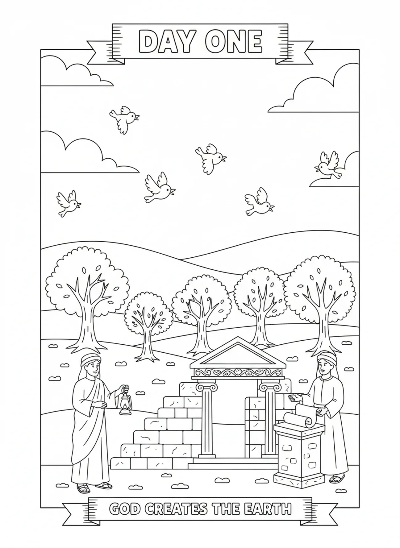 Schöpfung von Erde und Himmel, Schöpfung Licht Dunkelheit Malvorlage für Sonntagsschule Kinder im Alter von 5-12 Jahren.