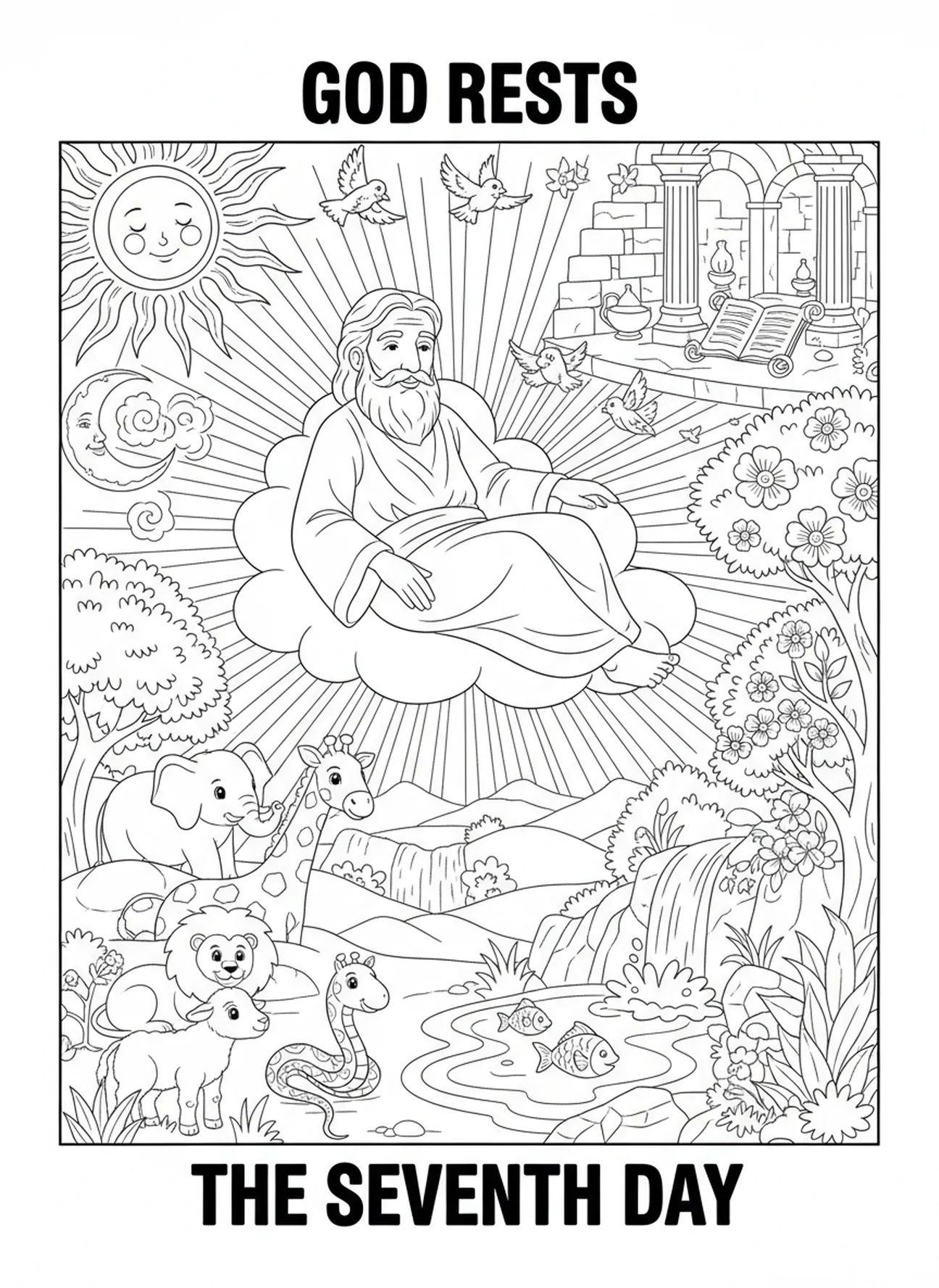 Gott ruht am siebten Tag, Ausmalbild Licht Dunkelheit der Schöpfung für Sonntagsschulkinder im Alter von 5-12 Jahren.