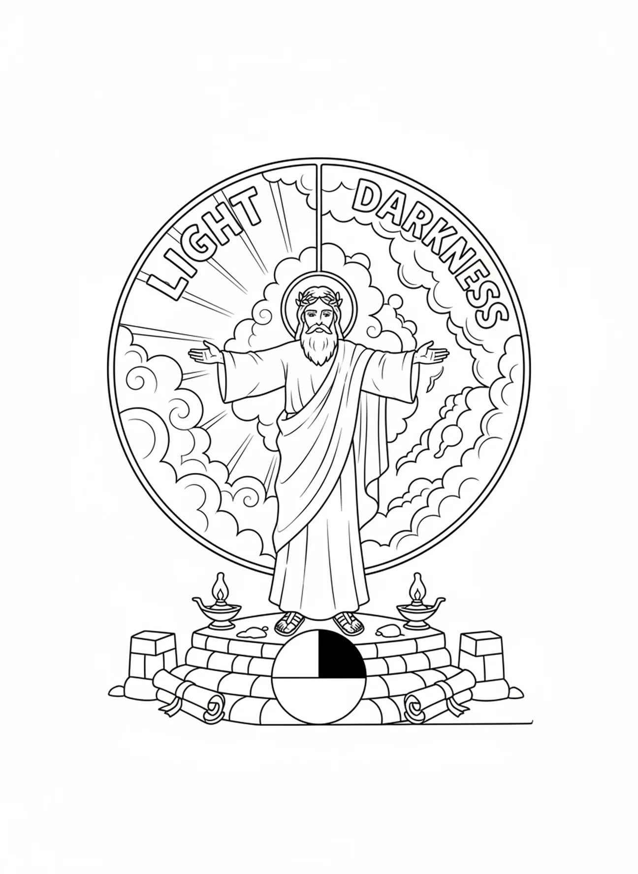 Gott trennt das Licht von der Dunkelheit, Ausmalbild zur Schöpfung für die Sonntagsschule für Kinder im Alter von 5-12 Jahren.