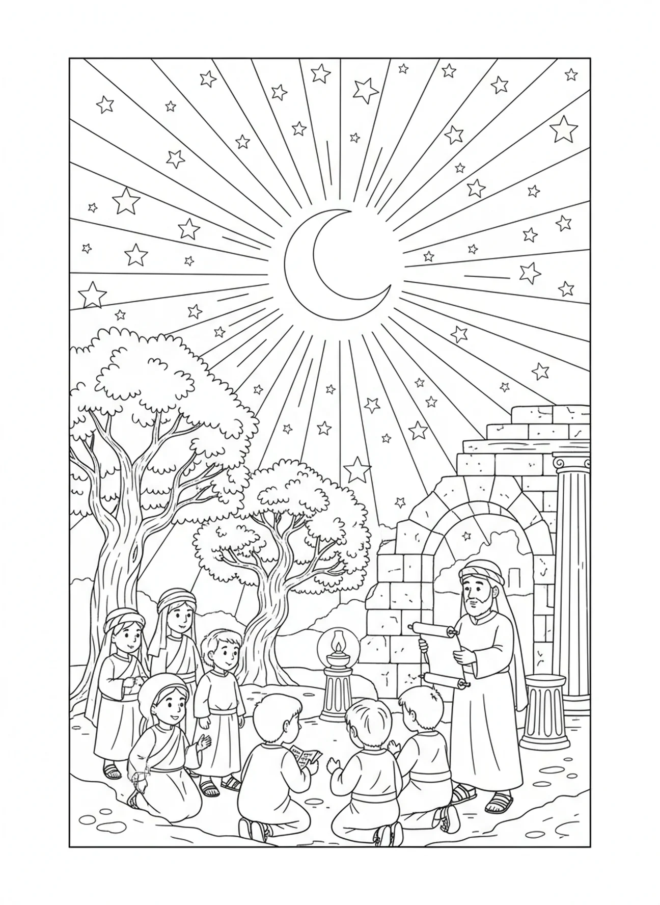 Sterne und Himmel erschaffen, Ausmalbild Licht Dunkelheit für Sonntagsschulkinder im Alter von 5-12 Jahren.