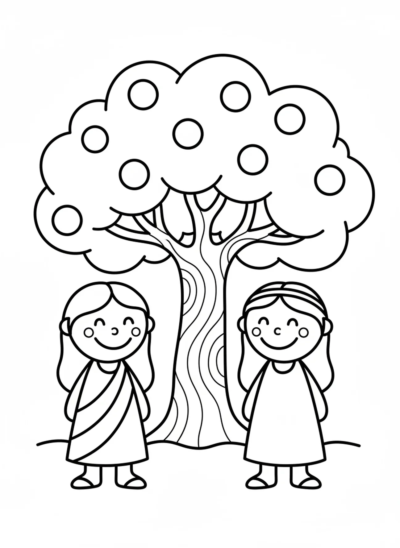 Adam et Ève ensemble, page à colorier de la Création d'Ève pour les enfants d'âge préscolaire de 3 à 5 ans