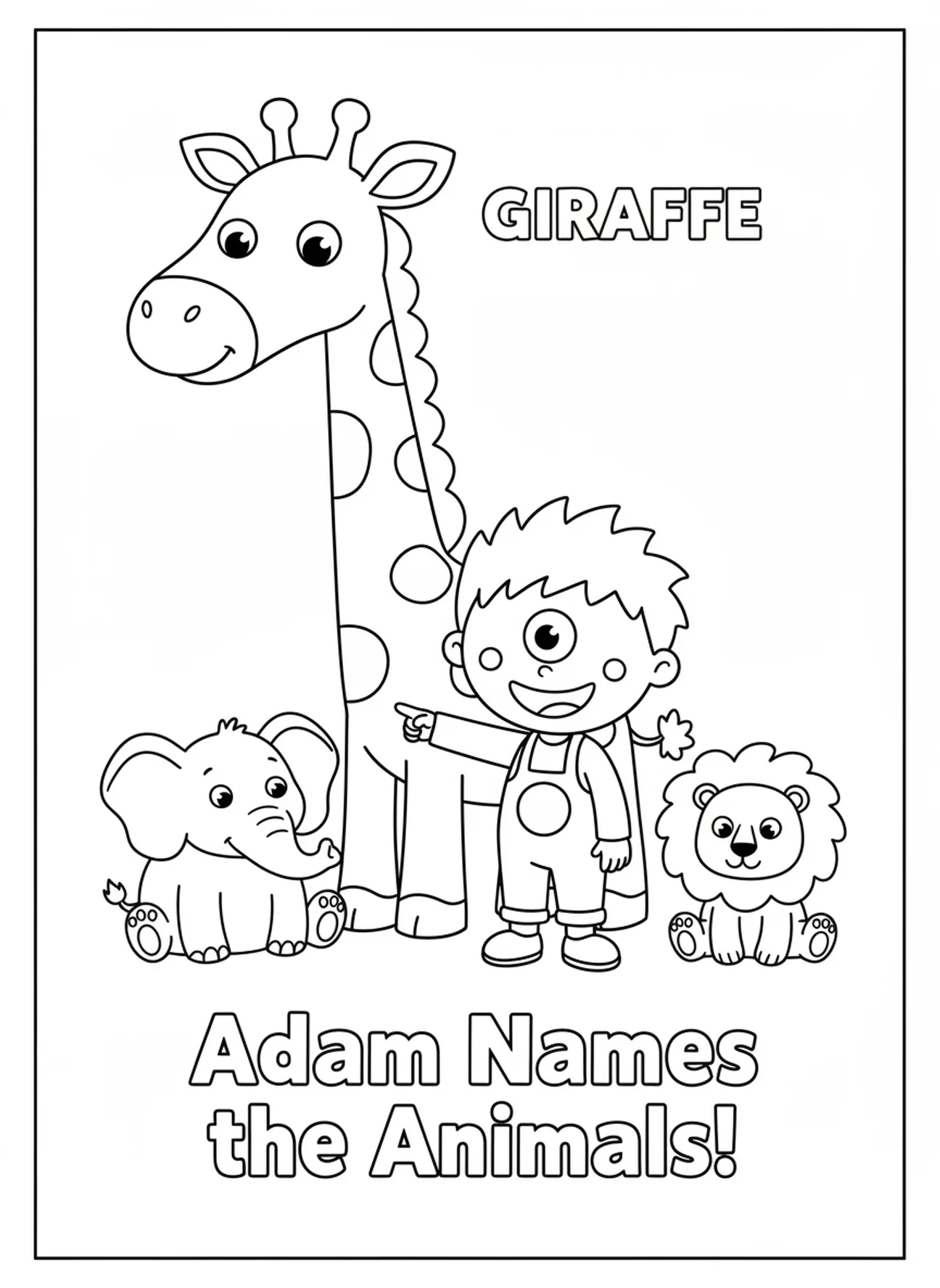 Adam donnant des noms aux animaux, page à colorier de la Création d'Eve pour les enfants d'âge préscolaire de 3 à 5 ans